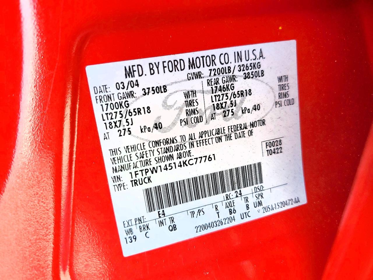 2004 Ford F150 Supercrew Red vin: 1FTPW14514KC77761