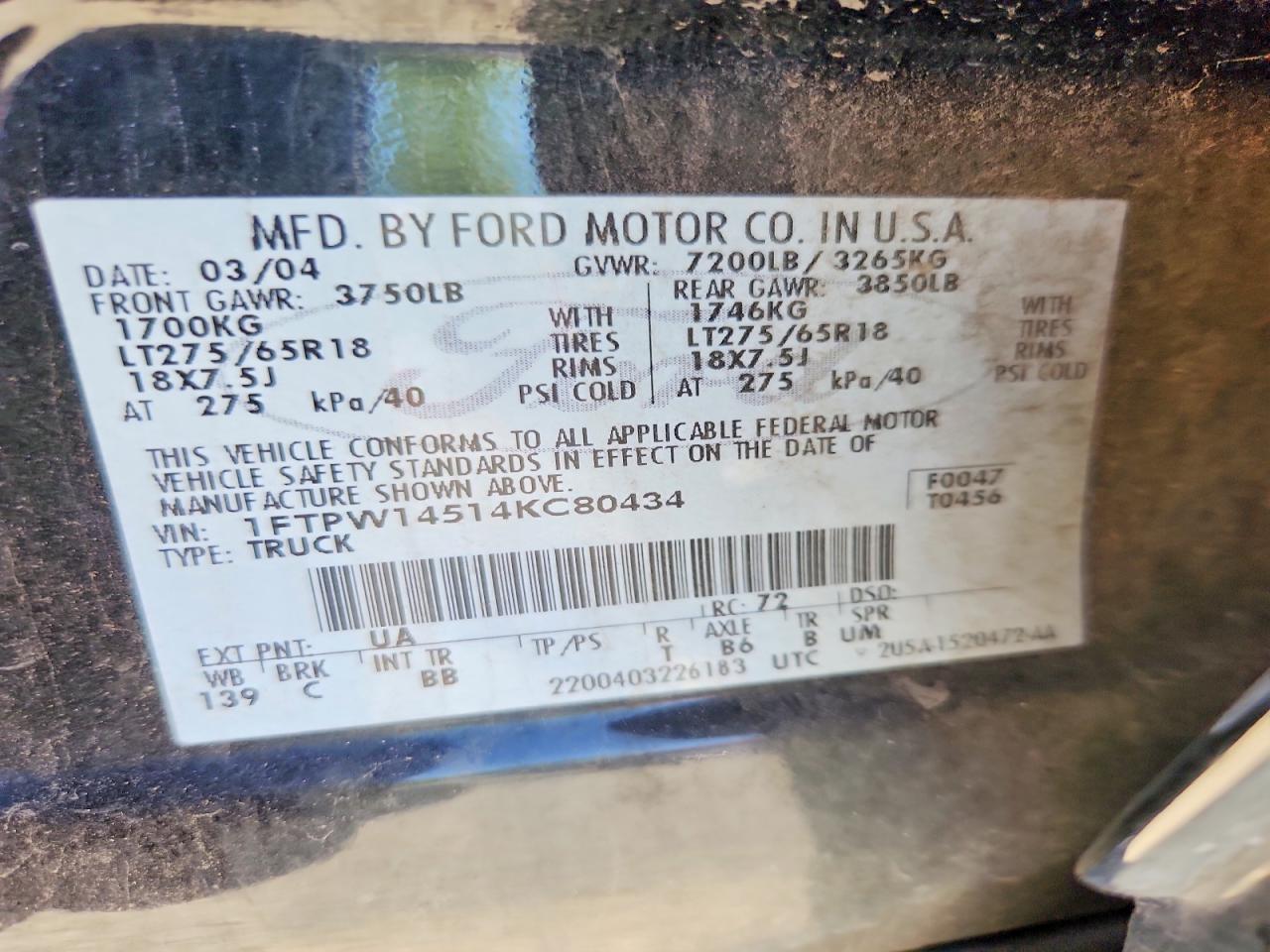 2004 Ford F150 Supercrew Black vin: 1FTPW14514KC80434