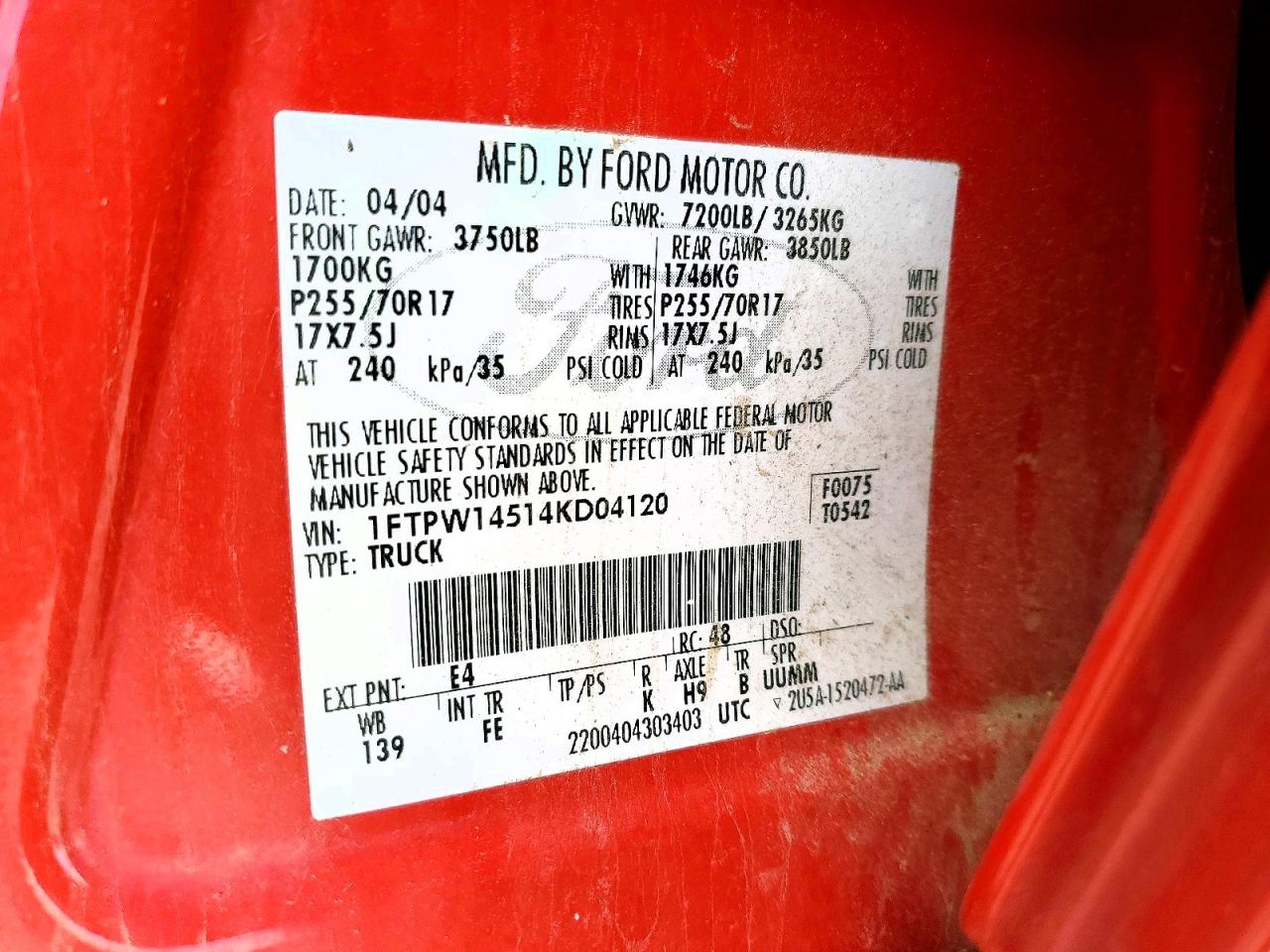 2004 Ford F150 Supercrew Red vin: 1FTPW14514KD04120
