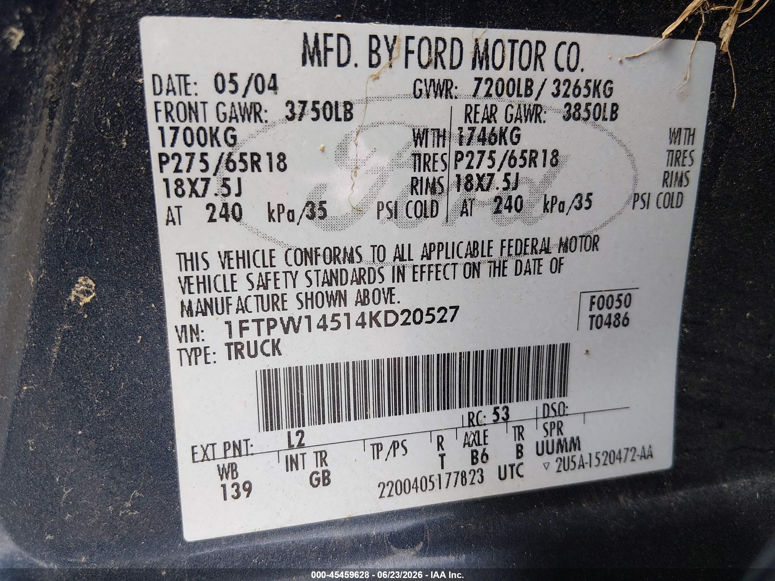 2004 Ford F-150 Fx4/lariat/xlt Blue vin: 1FTPW14514KD20527