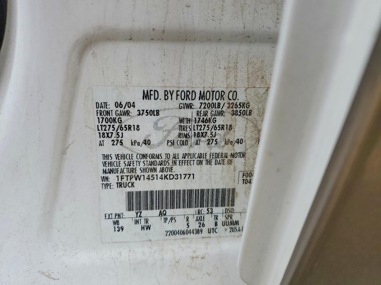 2004 Ford F150 Supercrew White vin: 1FTPW14514KD31771