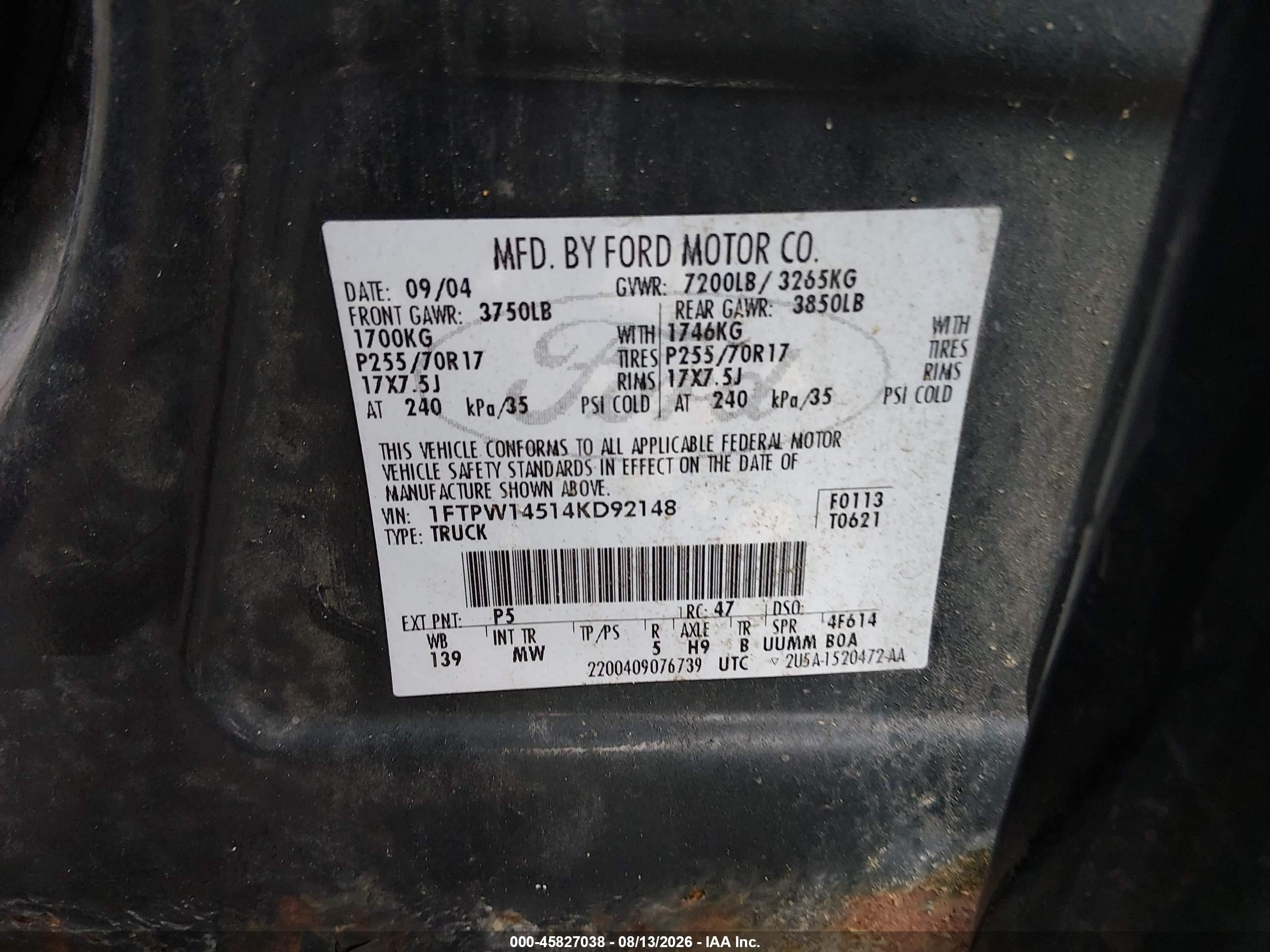 2004 Ford F-150 Fx4/lariat/xlt Green vin: 1FTPW14514KD92148