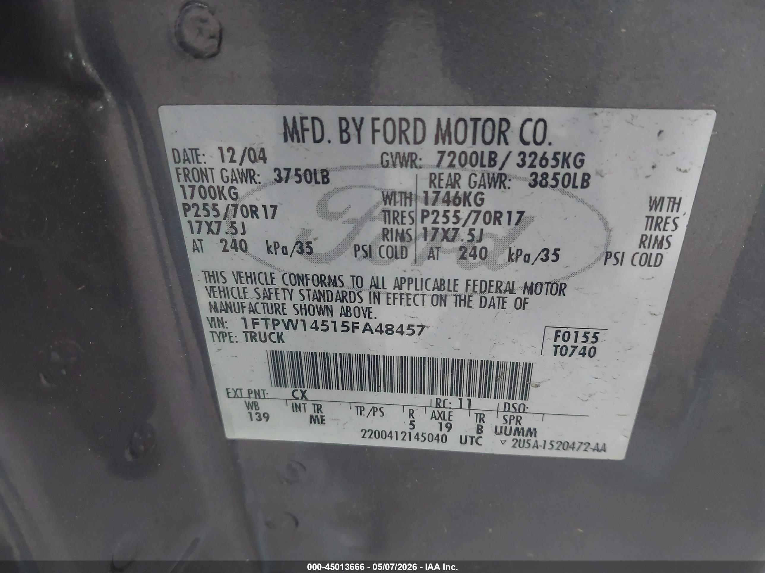 2005 Ford F-150 Fx4/lariat/xlt Серый vin: 1FTPW14515FA48457