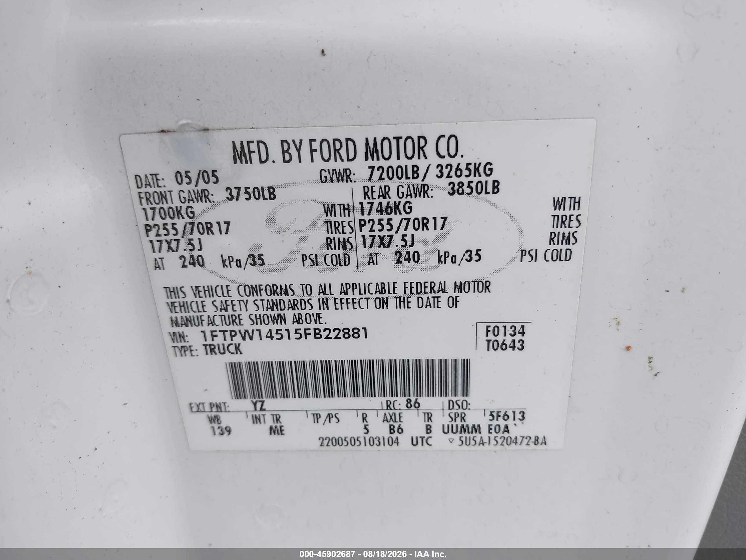 2005 Ford F-150 Fx4/lariat/xlt White vin: 1FTPW14515FB22881