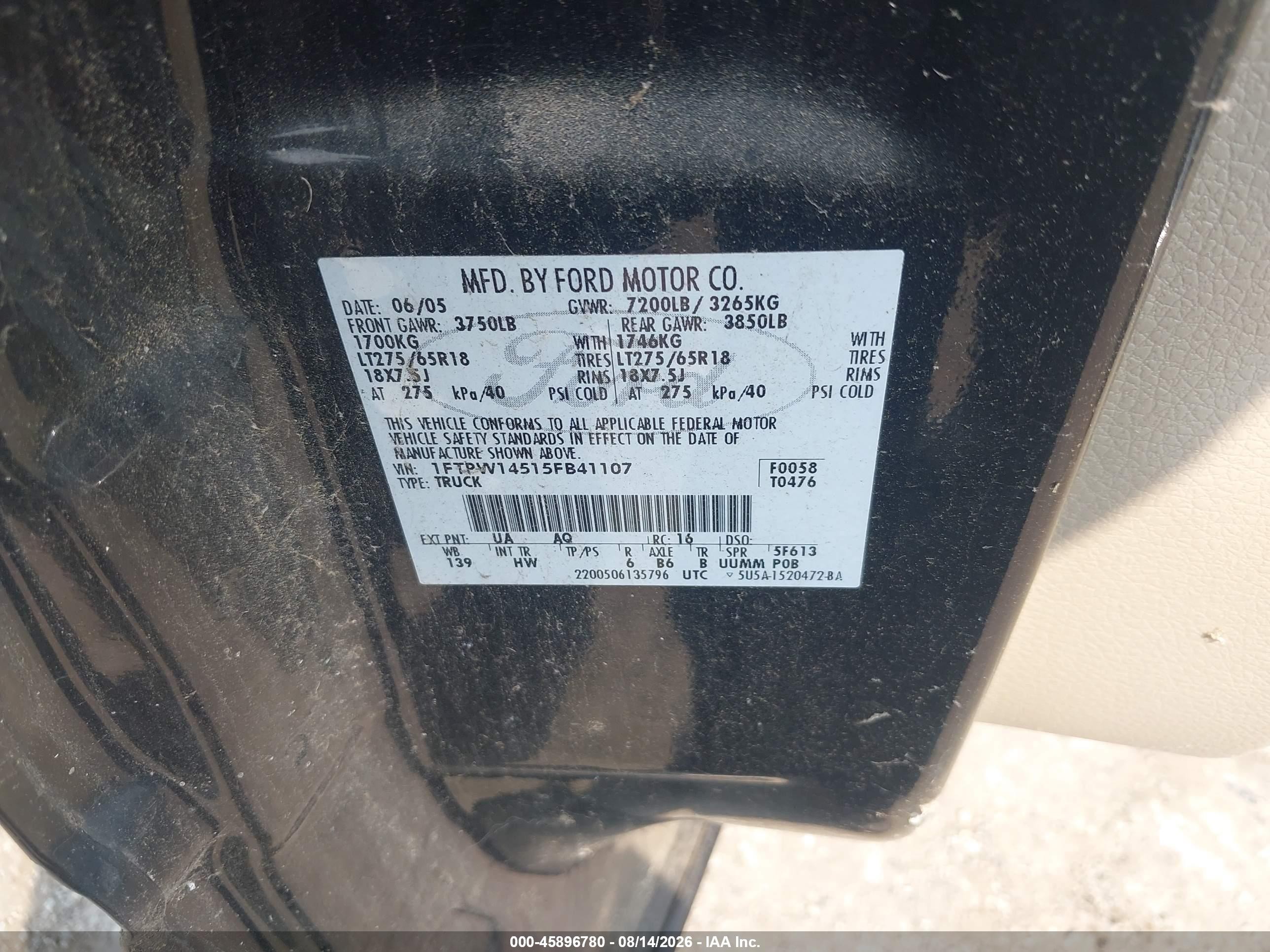 2005 Ford F-150 Fx4/lariat/xlt Black vin: 1FTPW14515FB41107