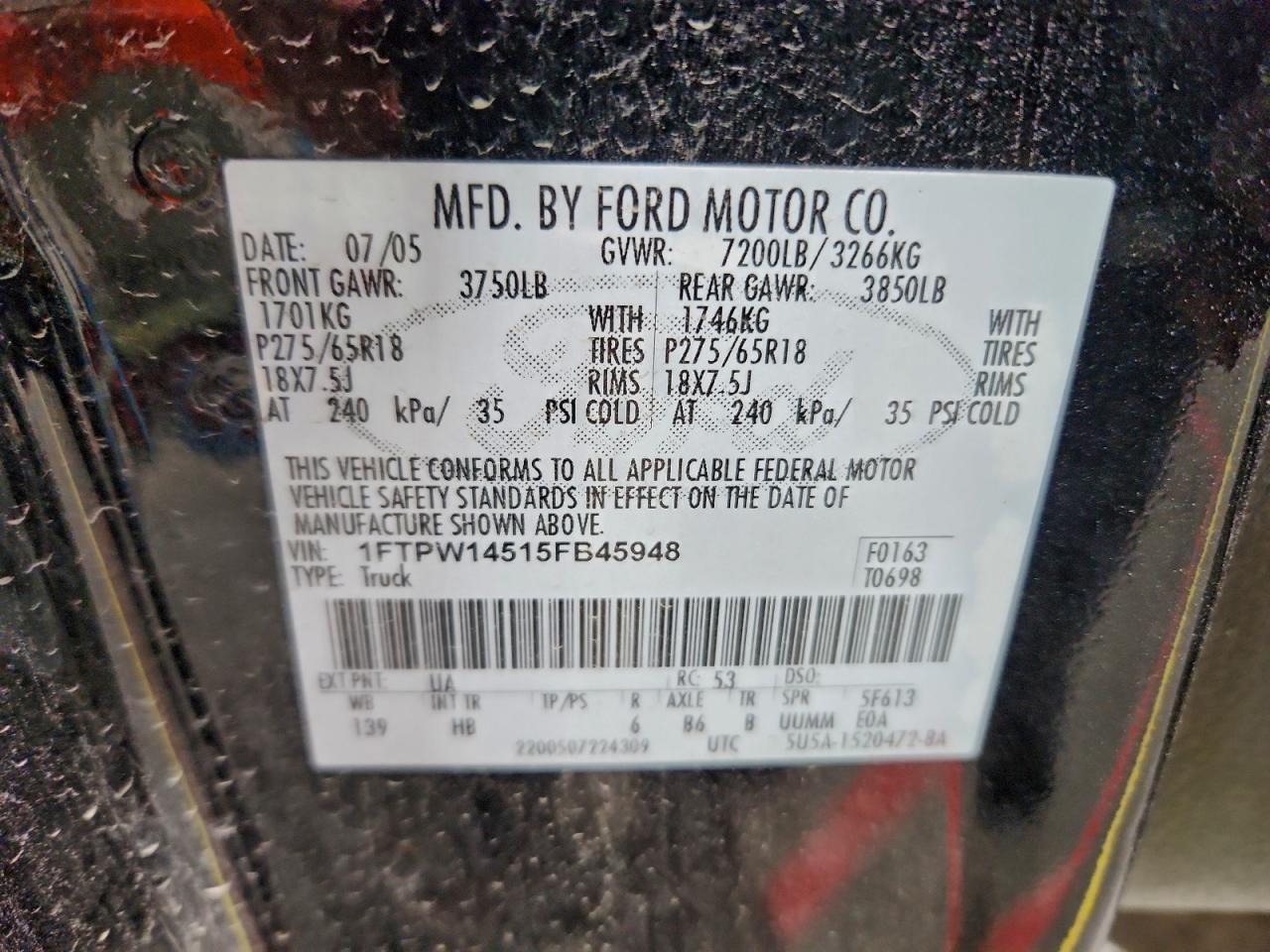 2005 Ford F150 Supercrew Black vin: 1FTPW14515FB45948