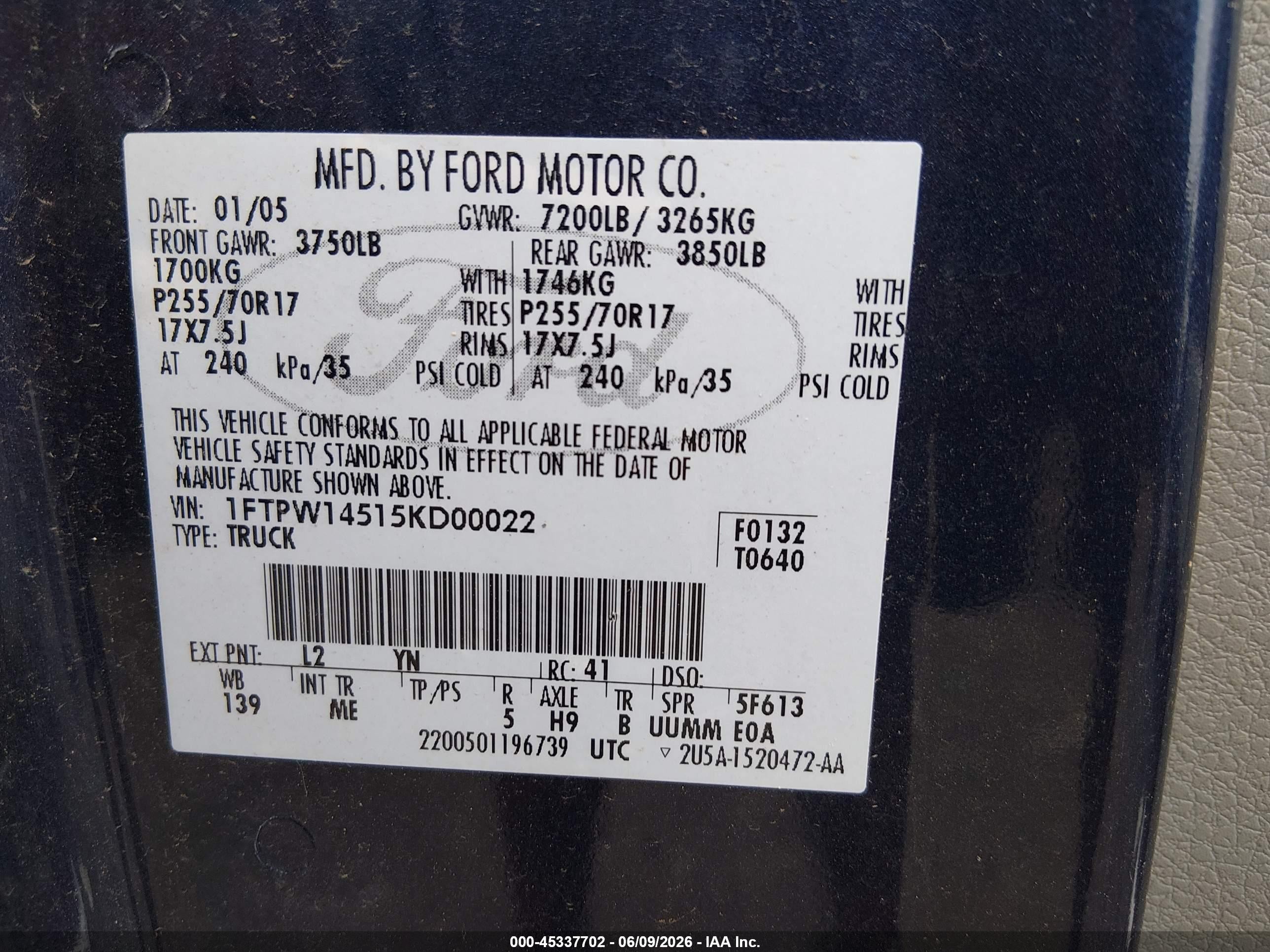 2005 Ford F-150 Fx4/lariat/xlt Blue vin: 1FTPW14515KD00022
