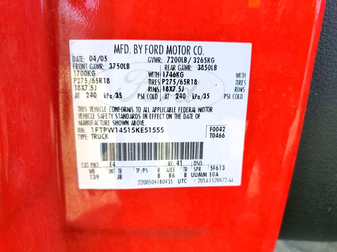 2005 Ford F150 Supercrew Red vin: 1FTPW14515KE51555