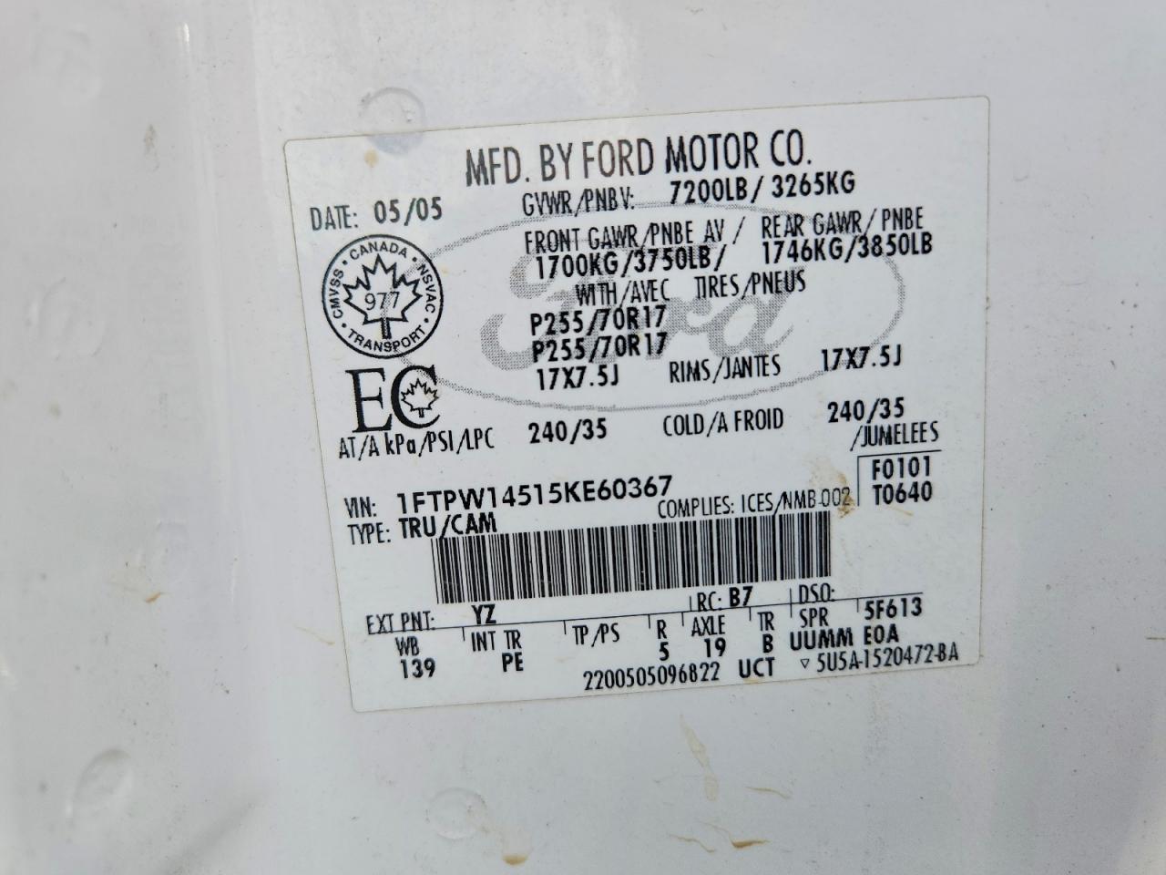 2005 Ford F150 Supercrew White vin: 1FTPW14515KE60367
