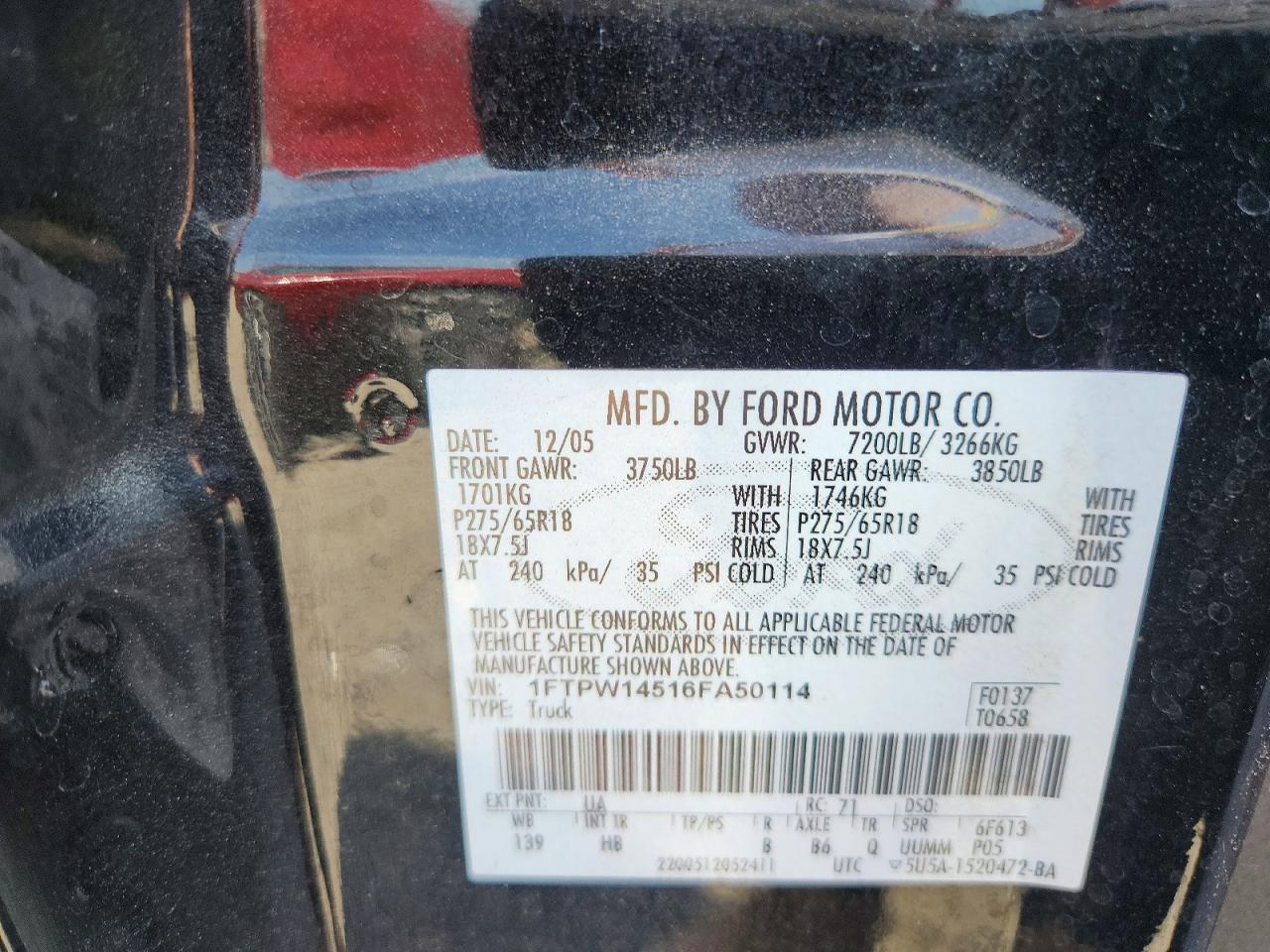 2006 Ford F150 Supercrew Black vin: 1FTPW14516FA50114