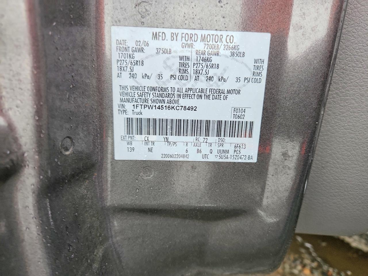2006 Ford F150 Supercrew Gray vin: 1FTPW14516KC78492