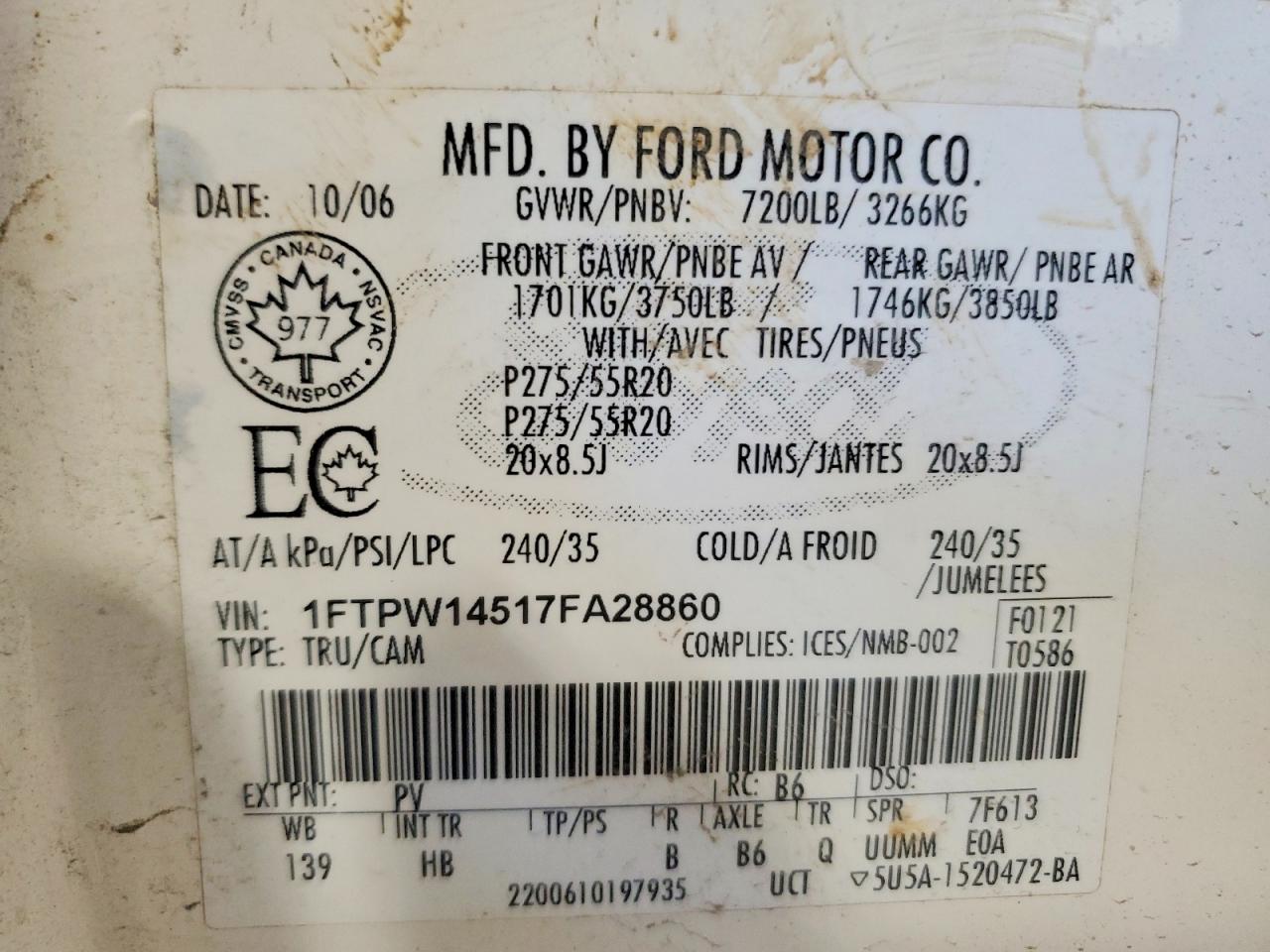 2007 Ford F150 Supercrew White vin: 1FTPW14517FA28860