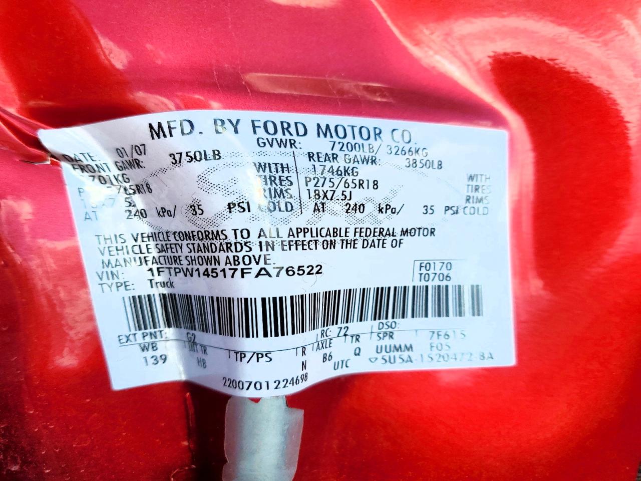 2007 Ford F150 Supercrew Red vin: 1FTPW14517FA76522