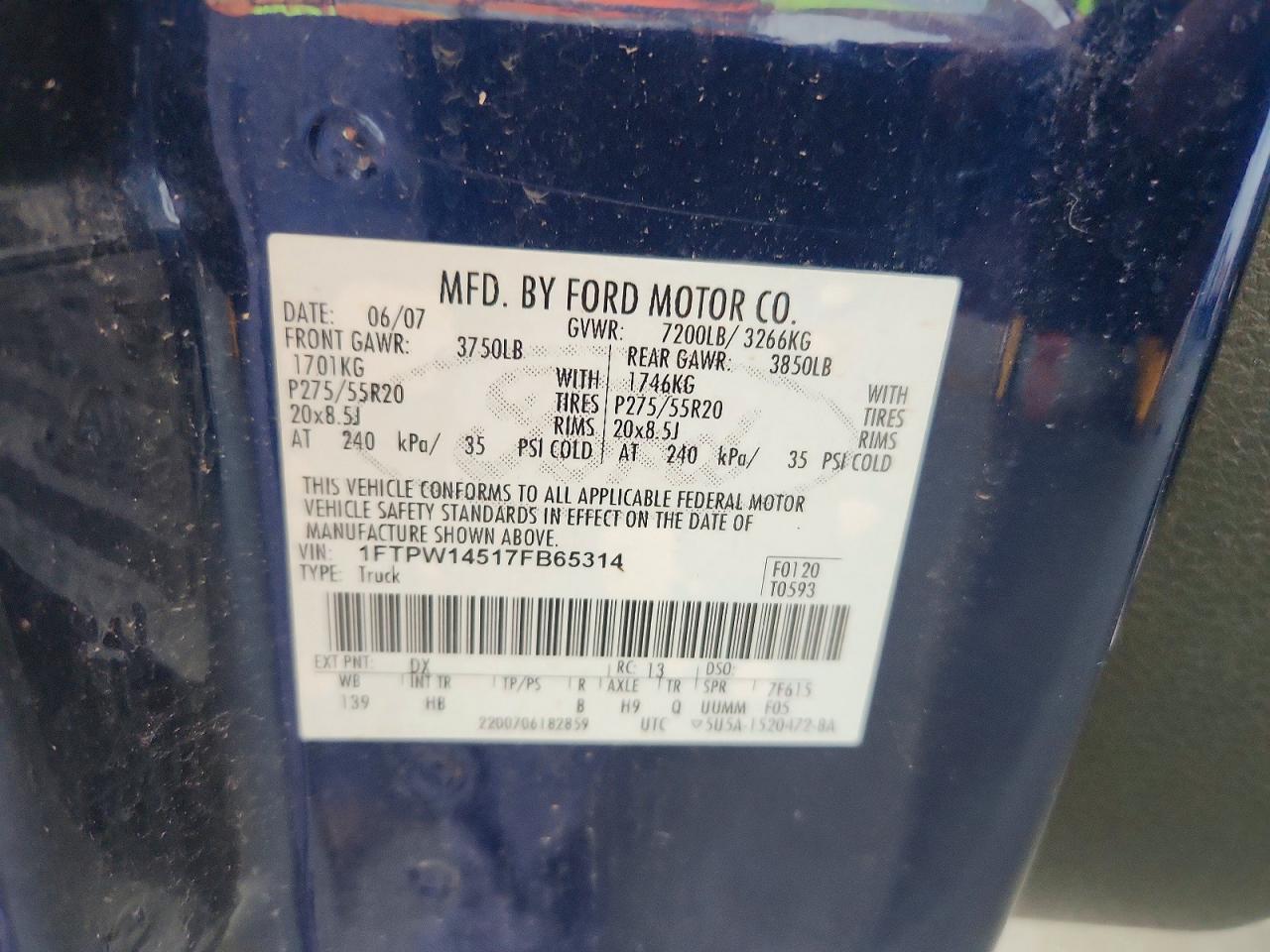 2007 Ford F150 Supercrew Blue vin: 1FTPW14517FB65314