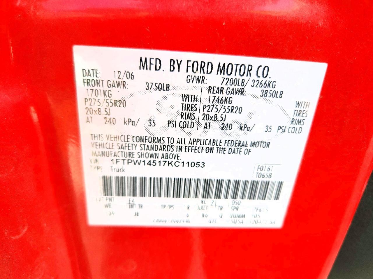 2007 Ford F150 Supercrew Red vin: 1FTPW14517KC11053