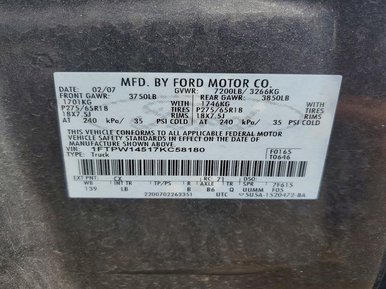 2007 Ford F150 Supercrew Gray vin: 1FTPW14517KC58180