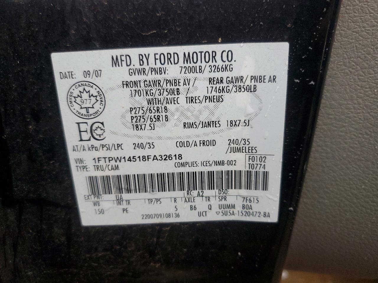 2008 Ford F150 Supercrew Black vin: 1FTPW14518FA32618