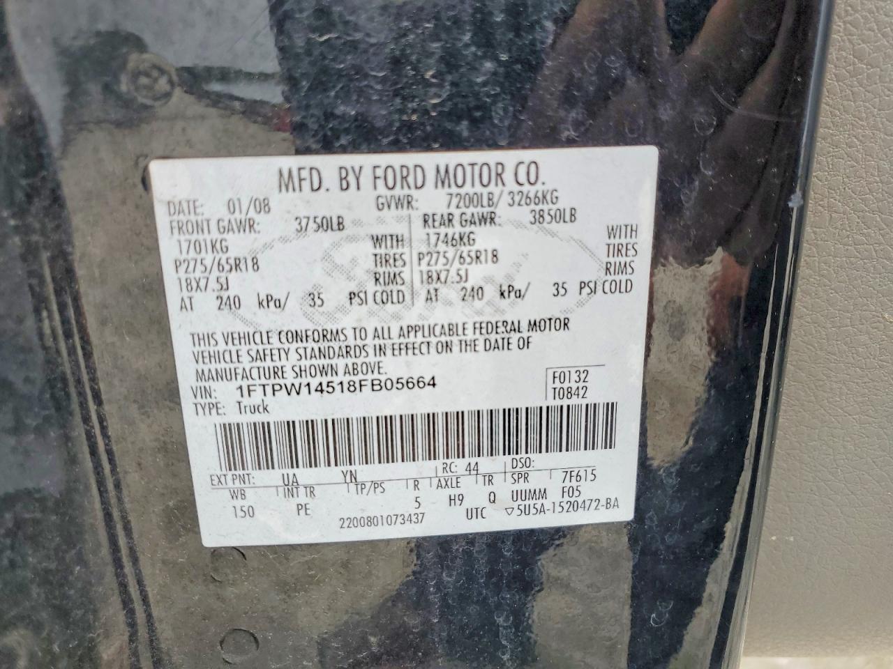2008 Ford F150 Supercrew Black vin: 1FTPW14518FB05664