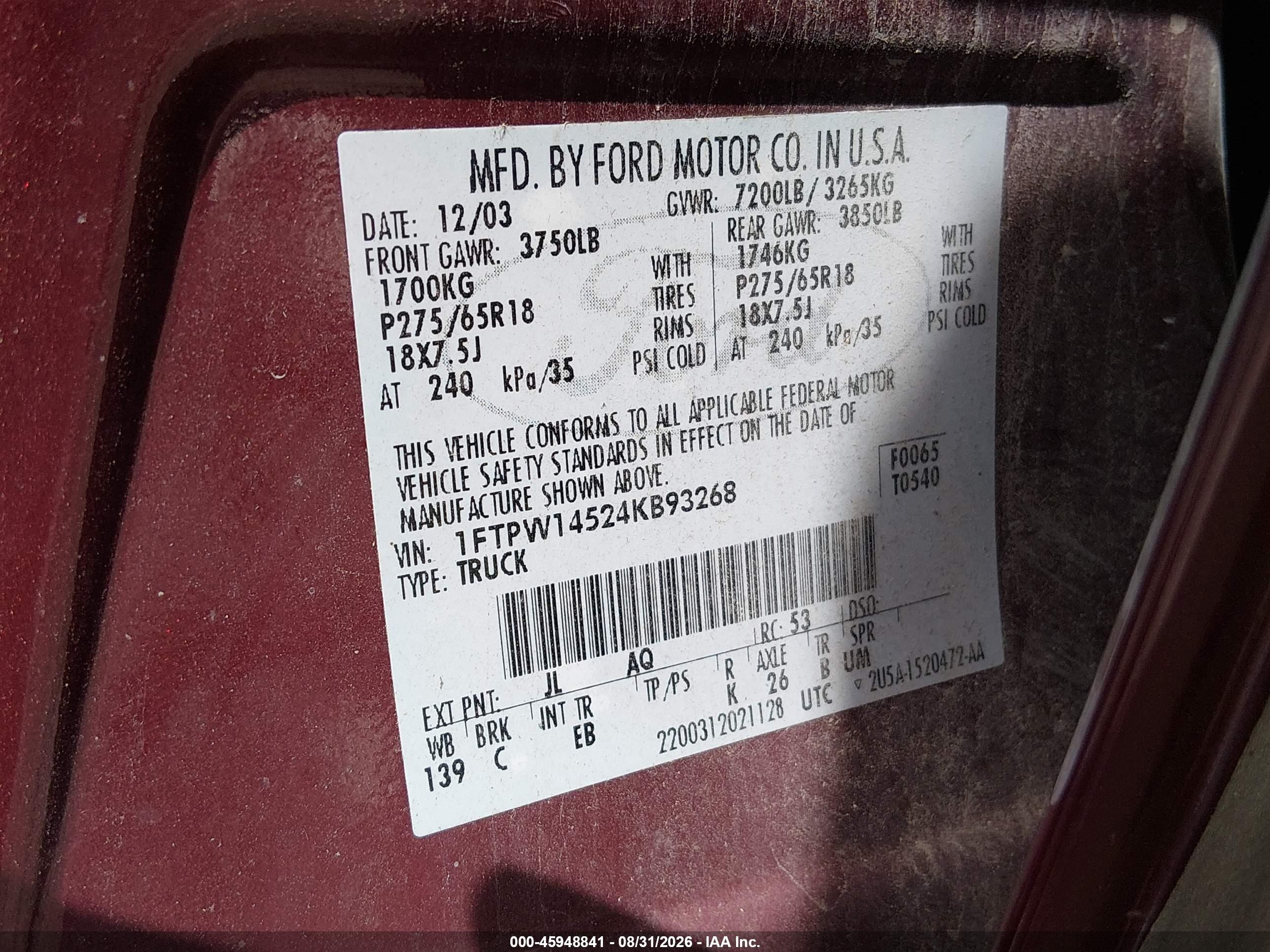 2004 Ford F150 Supercrew Maroon vin: 1FTPW14524KB93268