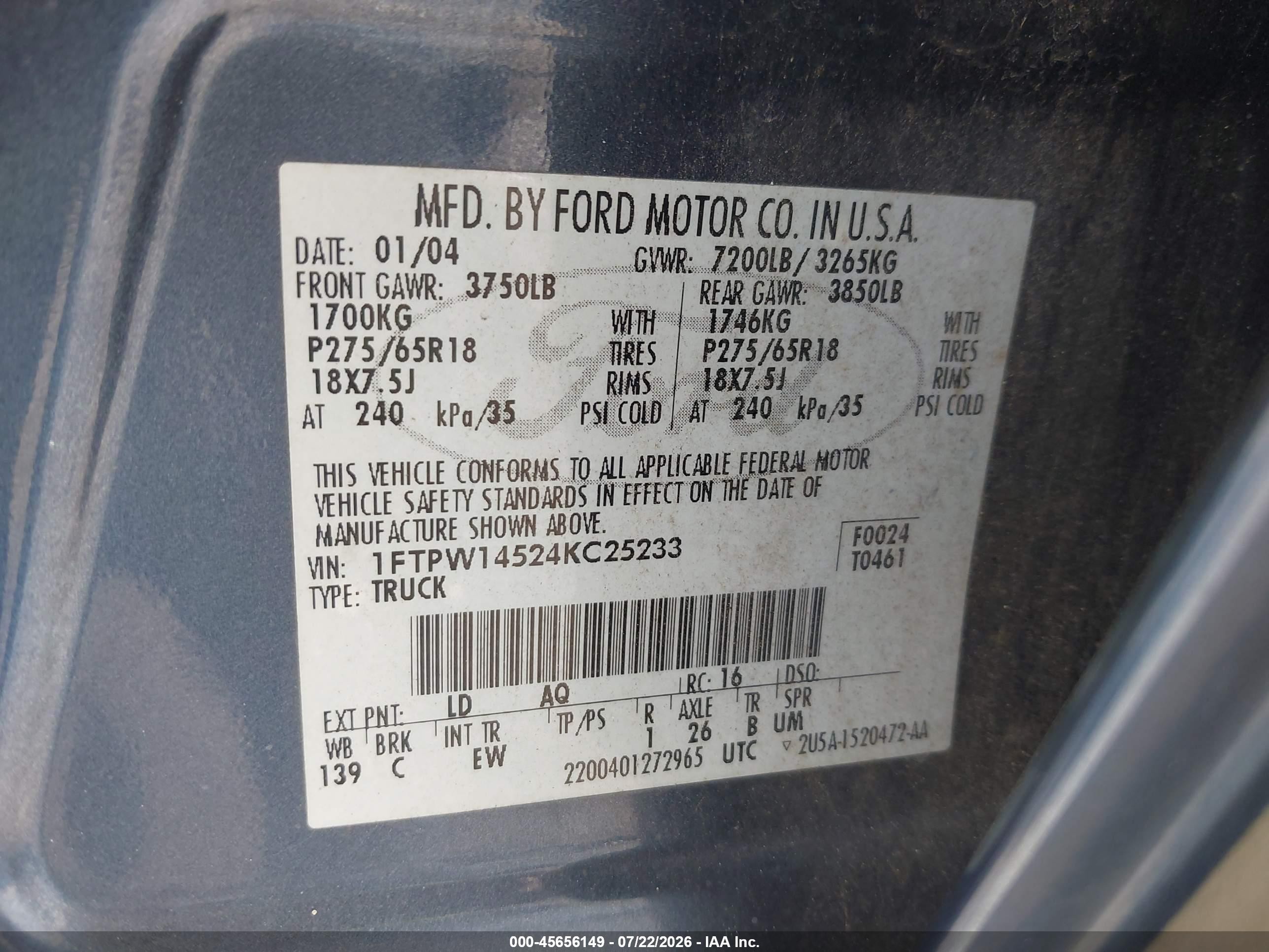 2004 Ford F-150 Fx4/lariat/xlt Blue vin: 1FTPW14524KC25233