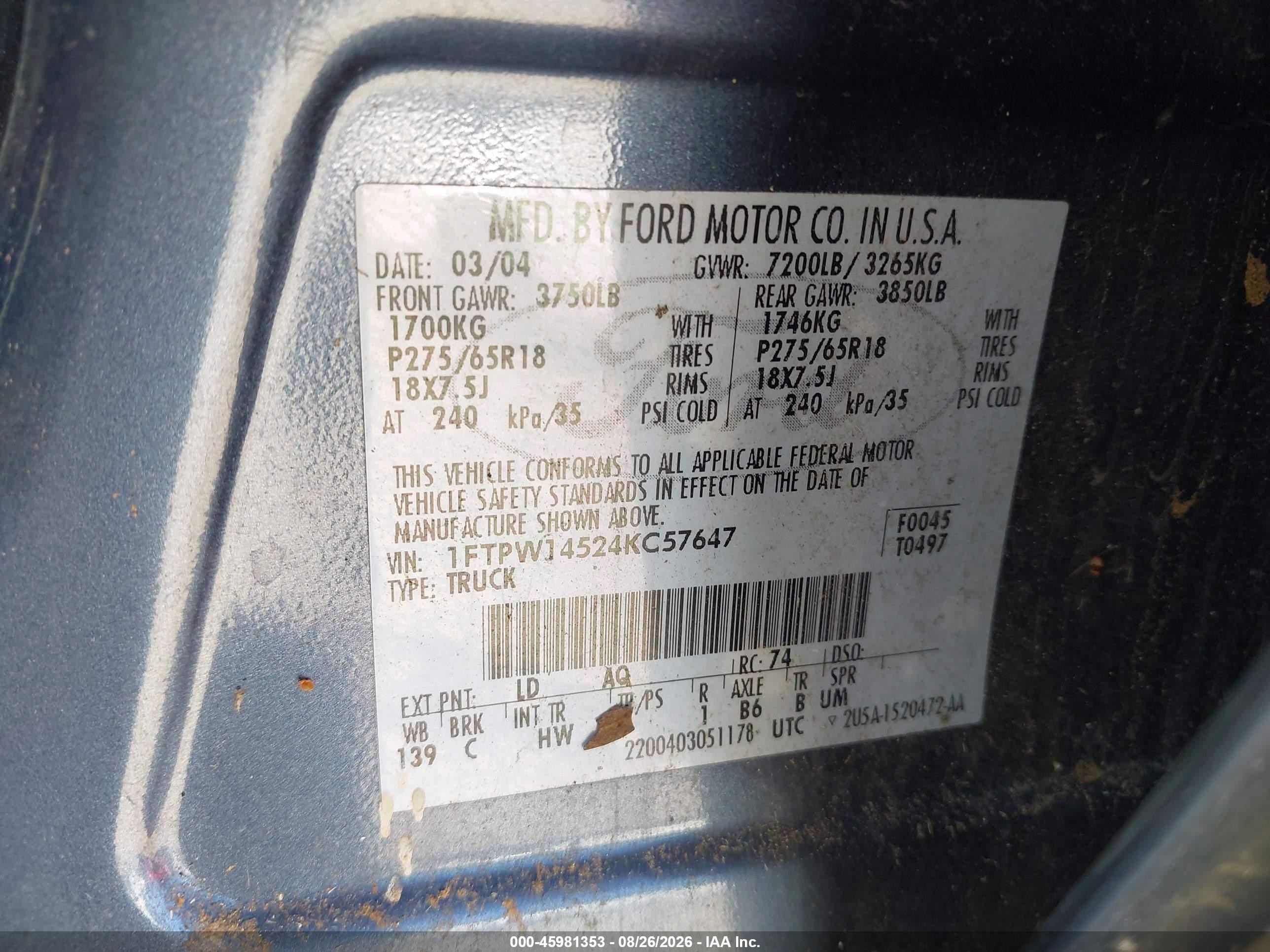2004 Ford F-150 Fx4/lariat/xlt Blue vin: 1FTPW14524KC57647