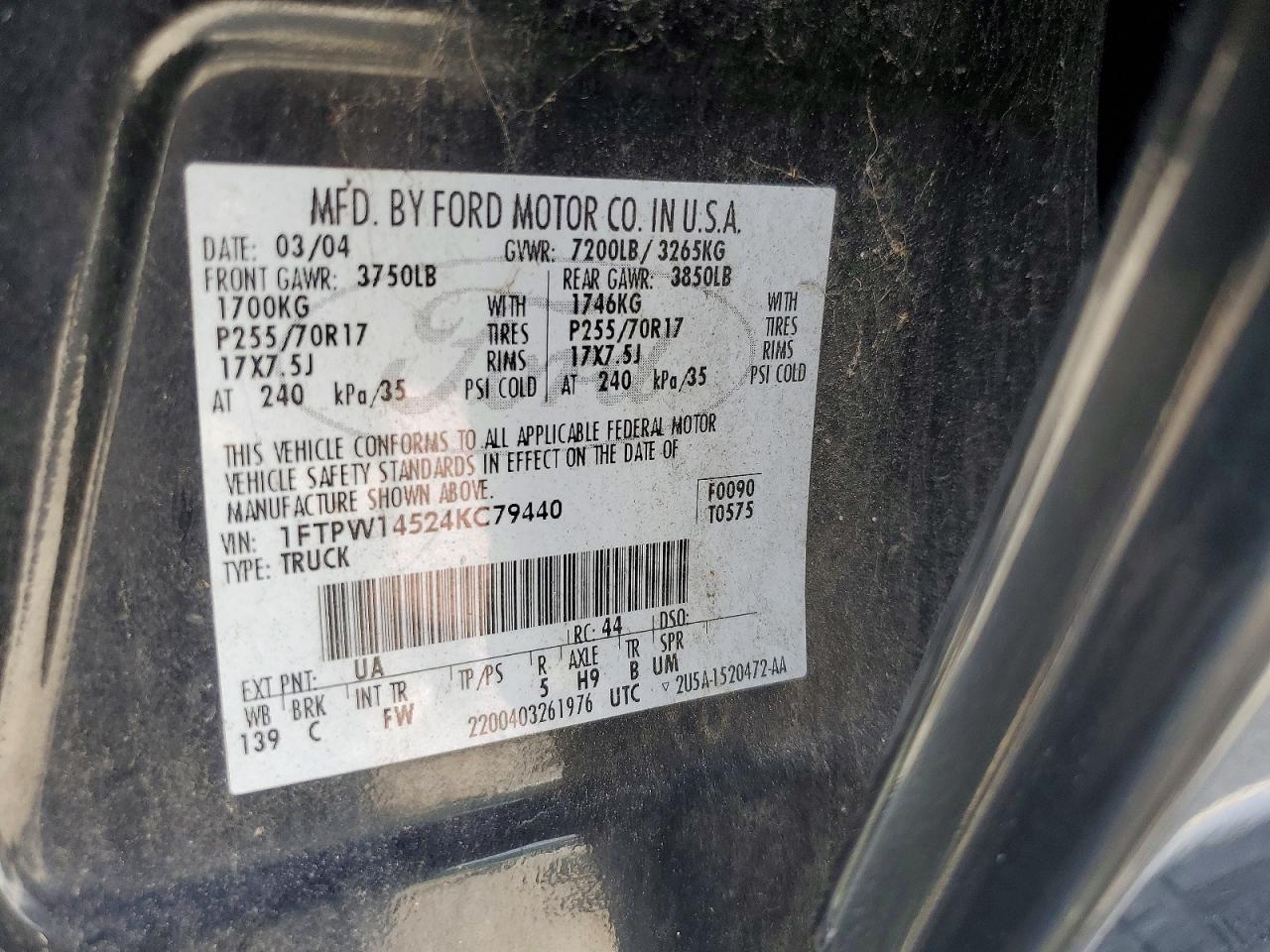 2004 Ford F150 Supercrew Black vin: 1FTPW14524KC79440