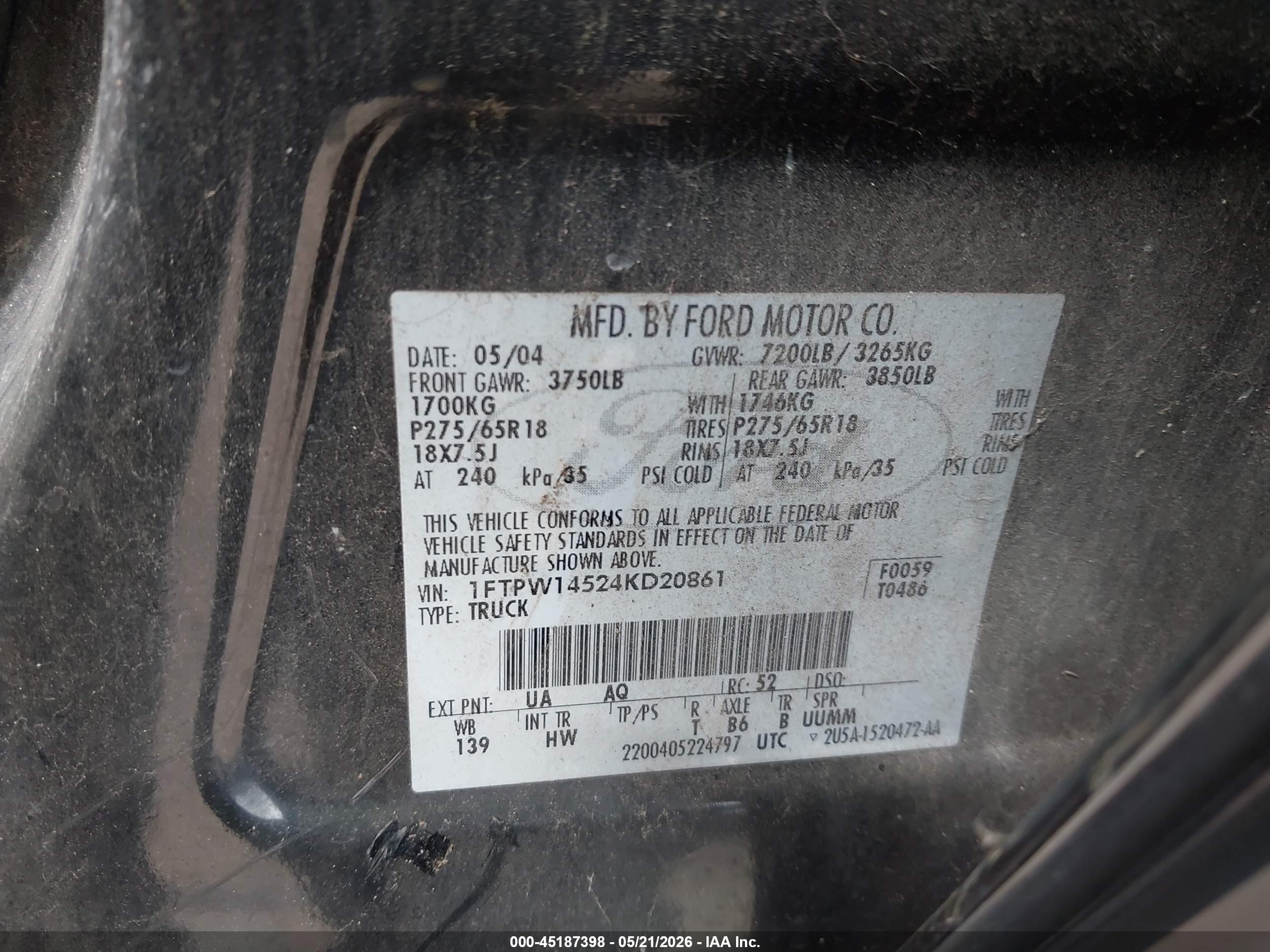 2004 Ford F-150 Fx4/lariat/xlt Black vin: 1FTPW14524KD20861