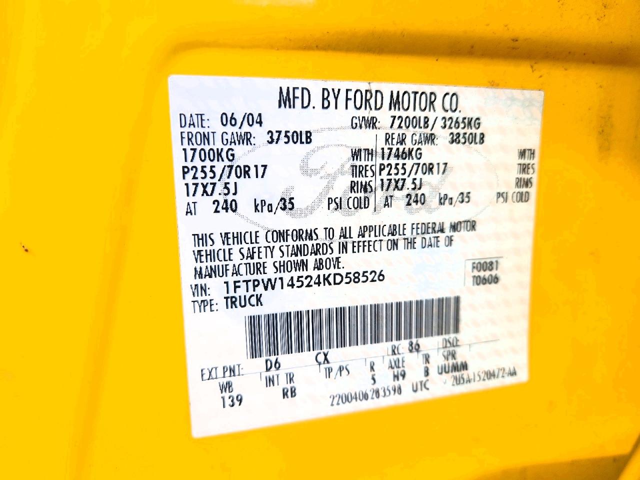 2004 Ford F150 Supercrew Yellow vin: 1FTPW14524KD58526