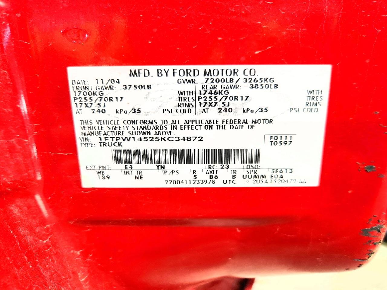 2005 Ford F150 Supercrew Красный vin: 1FTPW14525KC34872