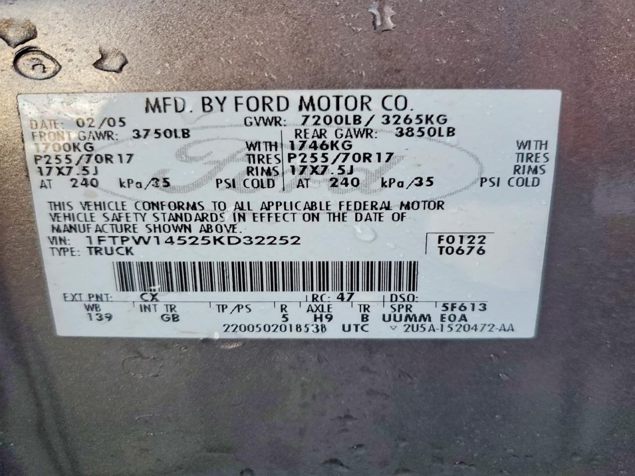 2005 Ford F150 Supercrew Gray vin: 1FTPW14525KD32252