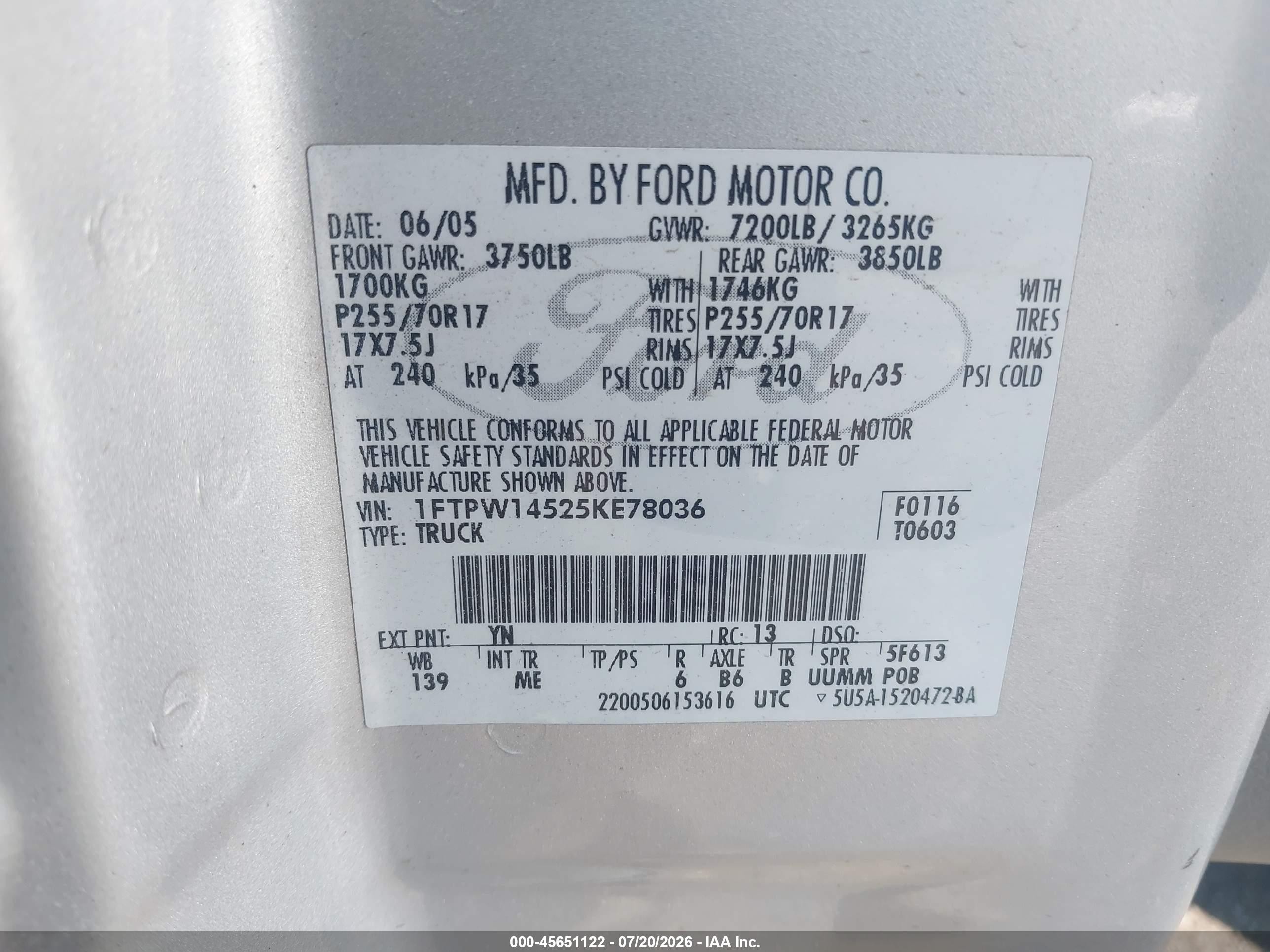 2005 Ford F-150 Fx4/lariat/xlt Gray vin: 1FTPW14525KE78036