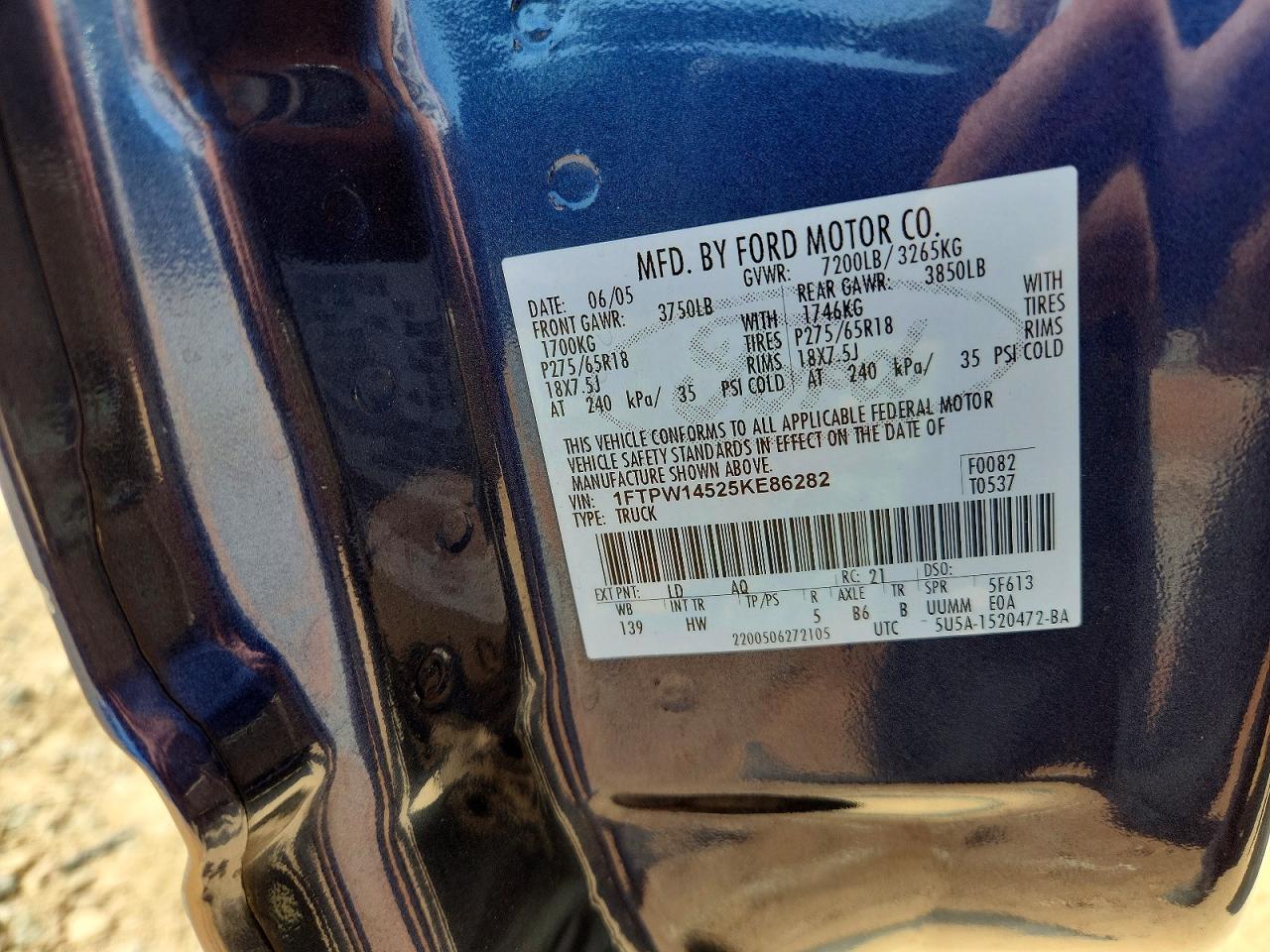 2005 Ford F150 Supercrew Blue vin: 1FTPW14525KE86282