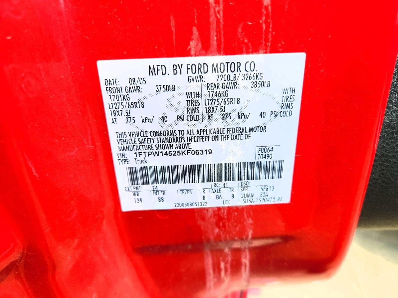 2005 Ford F-150 Red vin: 1FTPW14525KF06319