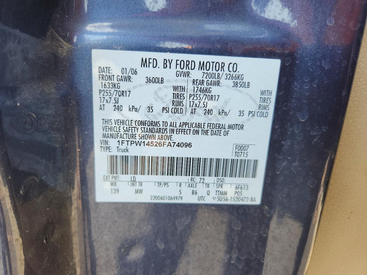 2006 Ford F150 Supercrew Blue vin: 1FTPW14526FA74096