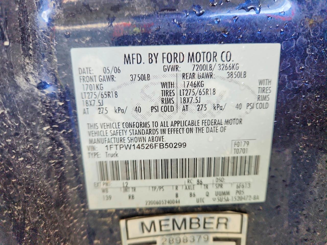2006 Ford F150 Supercrew Blue vin: 1FTPW14526FB50299