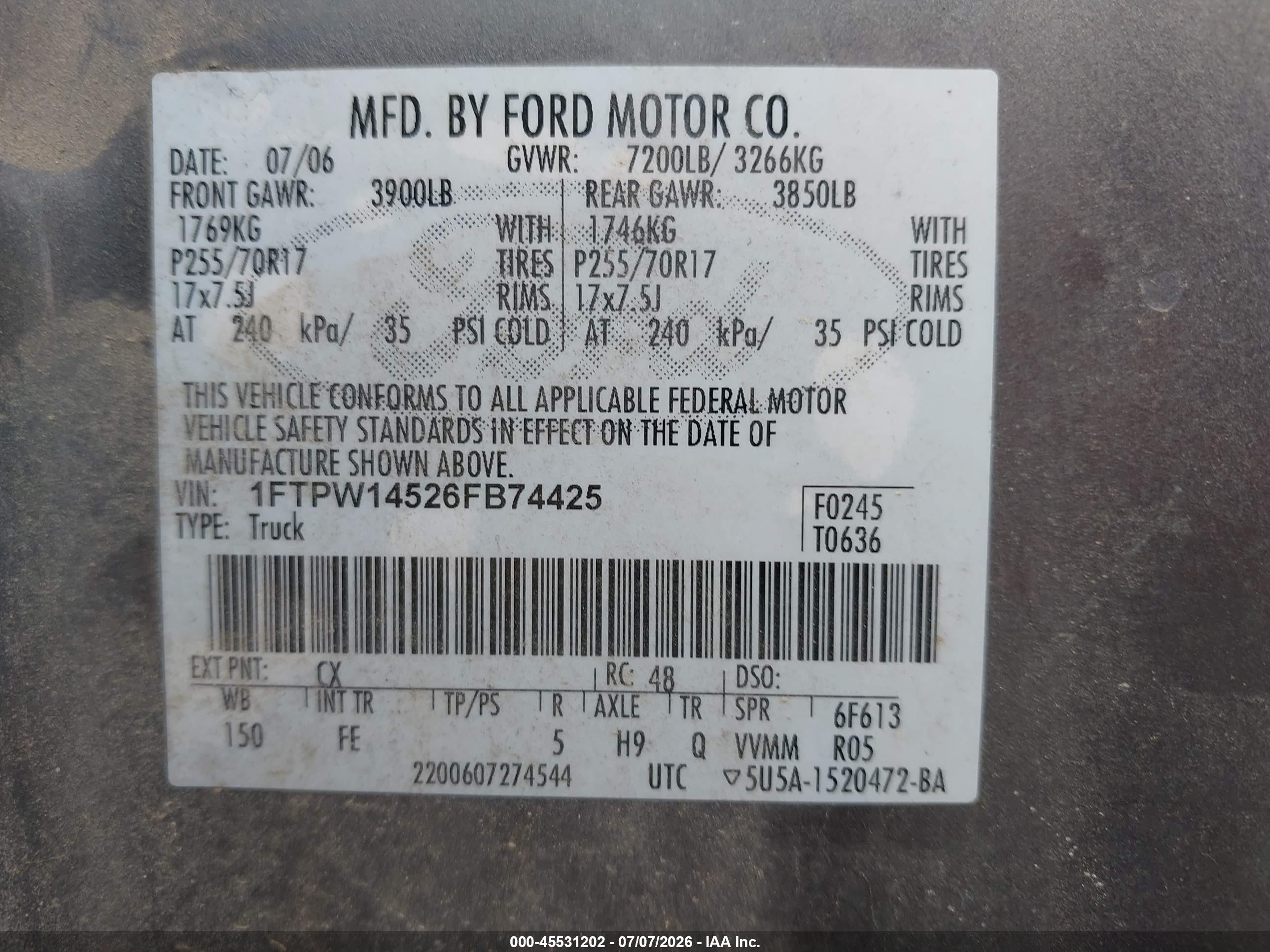 2006 Ford F-150 Fx4/lariat/xlt Серый vin: 1FTPW14526FB74425