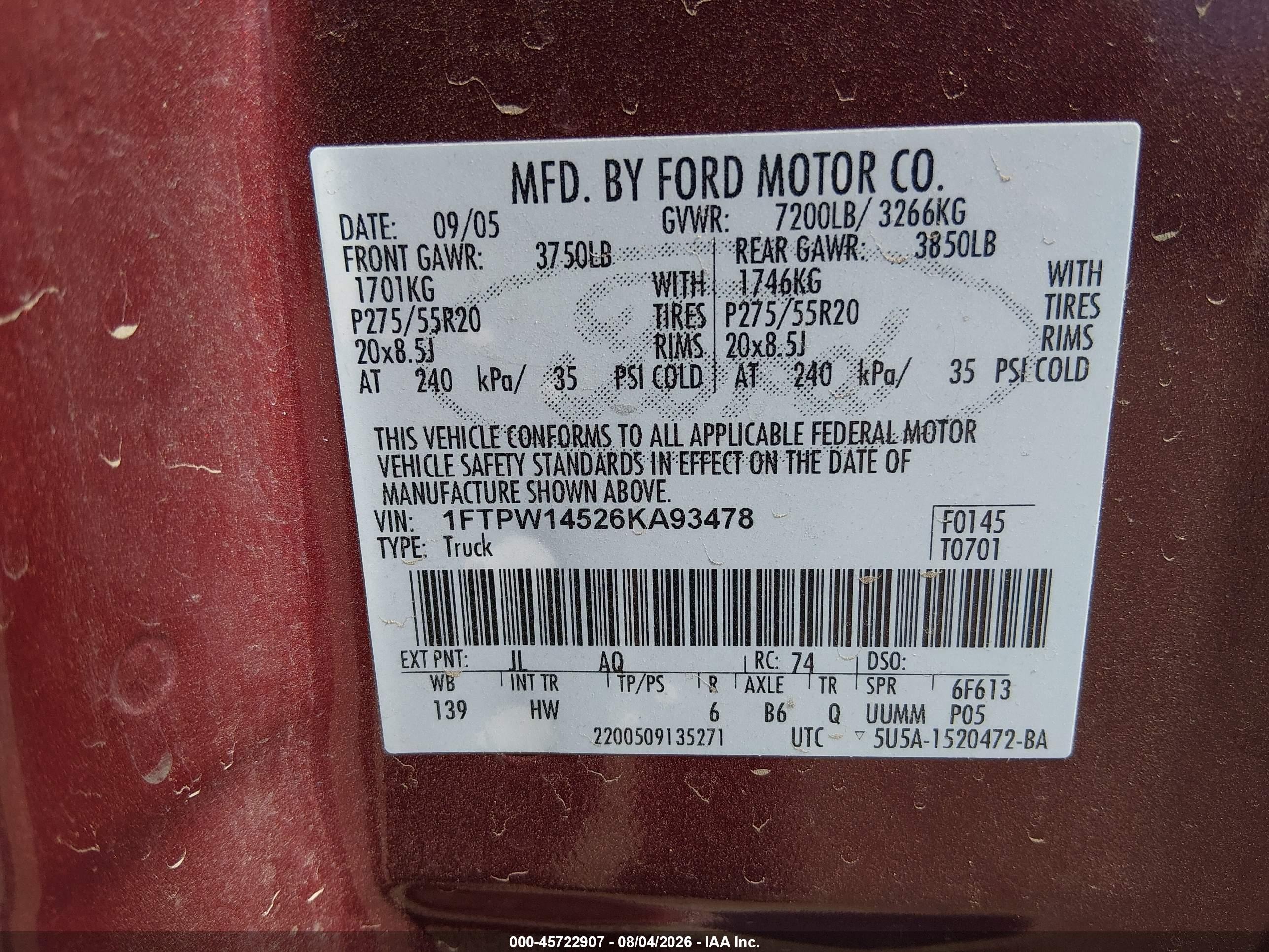 2006 Ford F-150 Fx4/lariat/xlt Red vin: 1FTPW14526KA93478