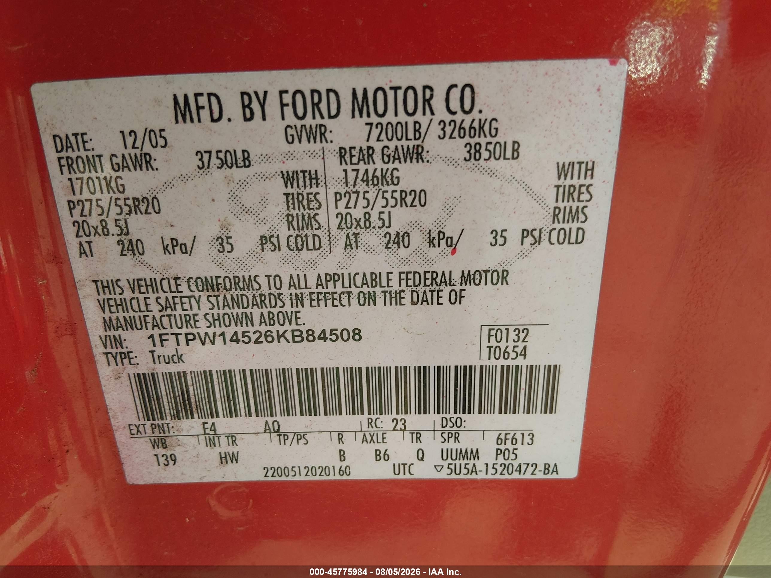 2006 Ford F-150 Fx4/lariat/xlt Красный vin: 1FTPW14526KB84508
