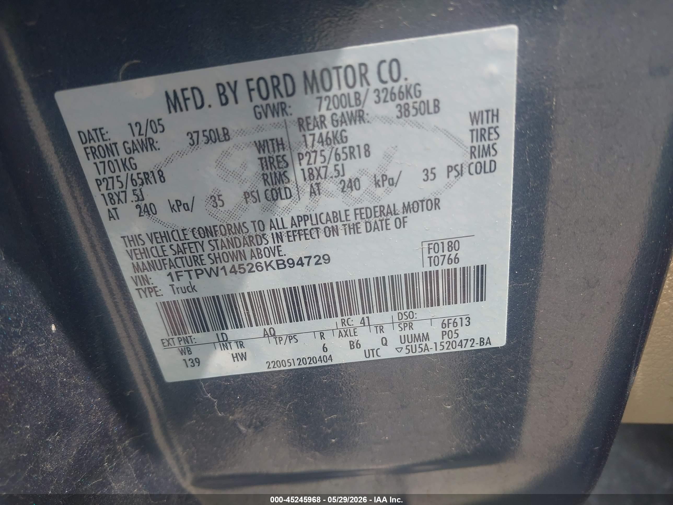 2006 Ford F-150 Fx4/lariat/xlt Dark Blue vin: 1FTPW14526KB94729