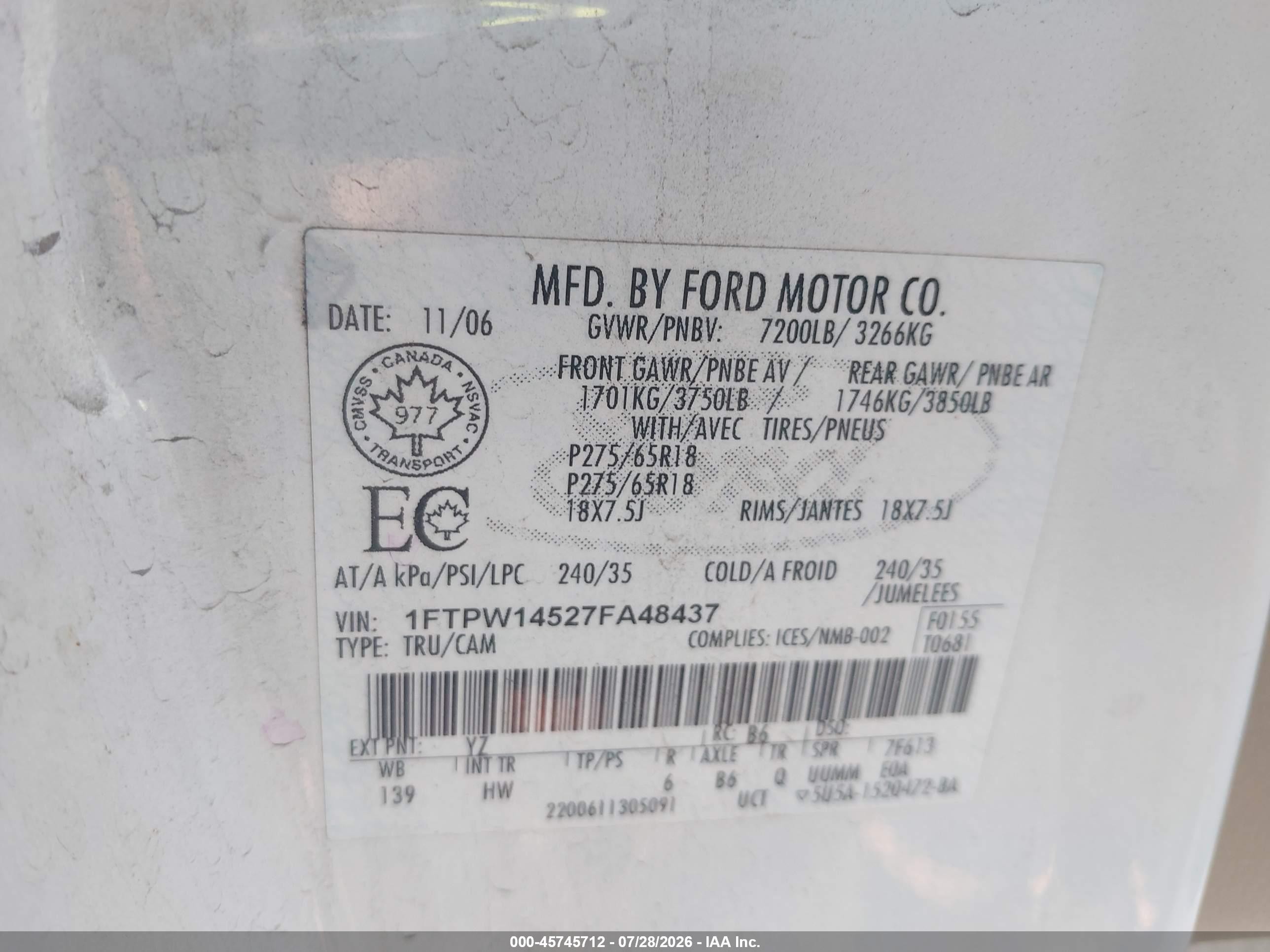 2007 Ford F-150 Fx4/lariat/xlt White vin: 1FTPW14527FA48437