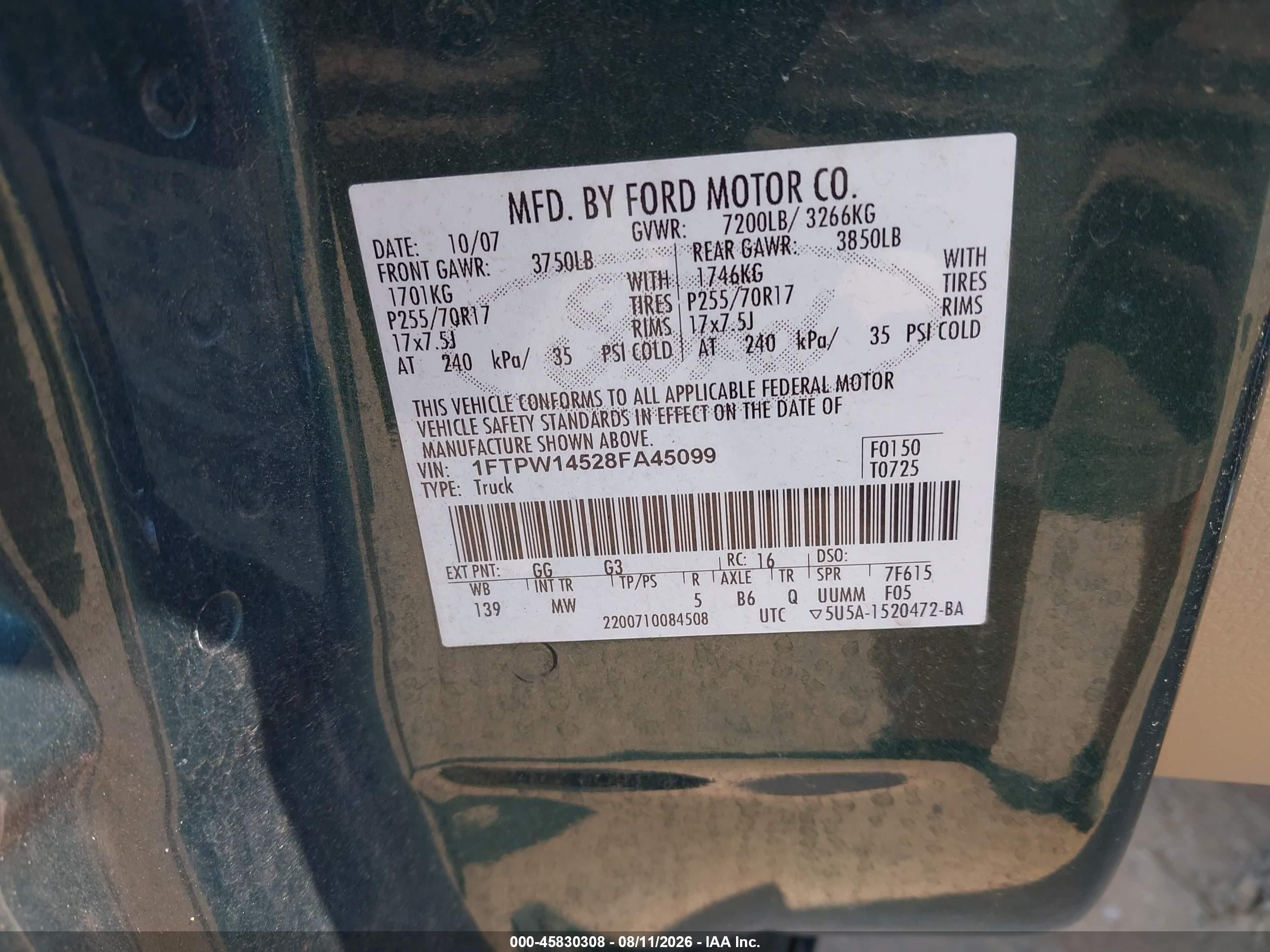 2008 Ford F-150 Xlt Green vin: 1FTPW14528FA45099