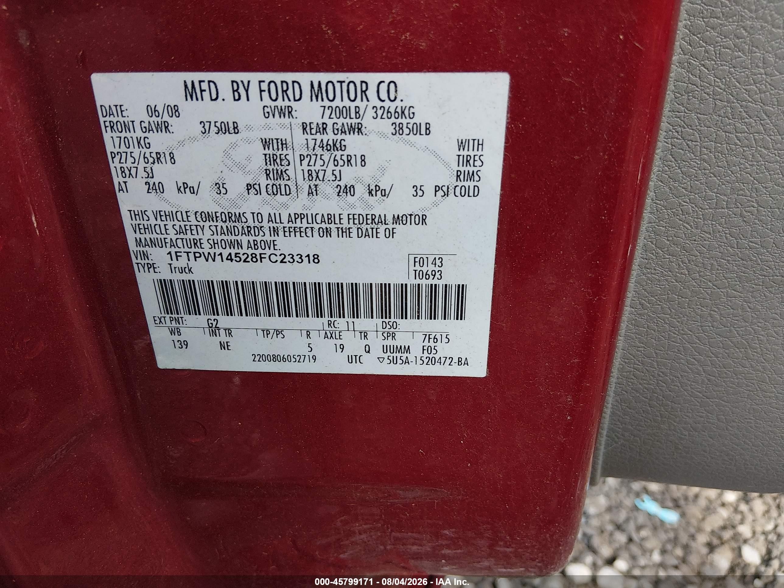 2008 Ford F-150 60th Anniversary/fx4/king Ranch/lariat/limited/xlt Red vin: 1FTPW14528FC23318