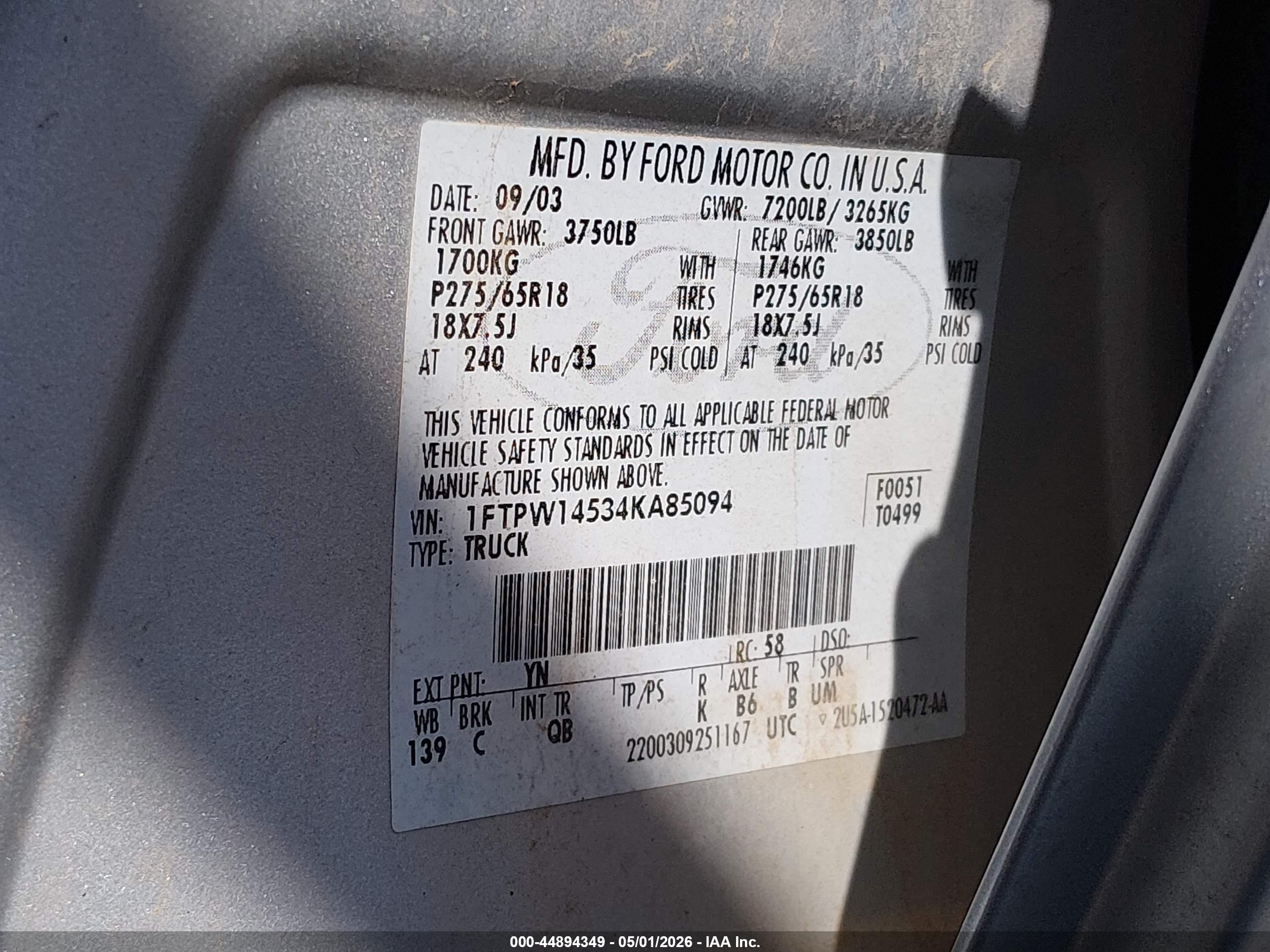 2004 Ford F-150 Fx4/lariat/xlt Серебряный vin: 1FTPW14534KA85094