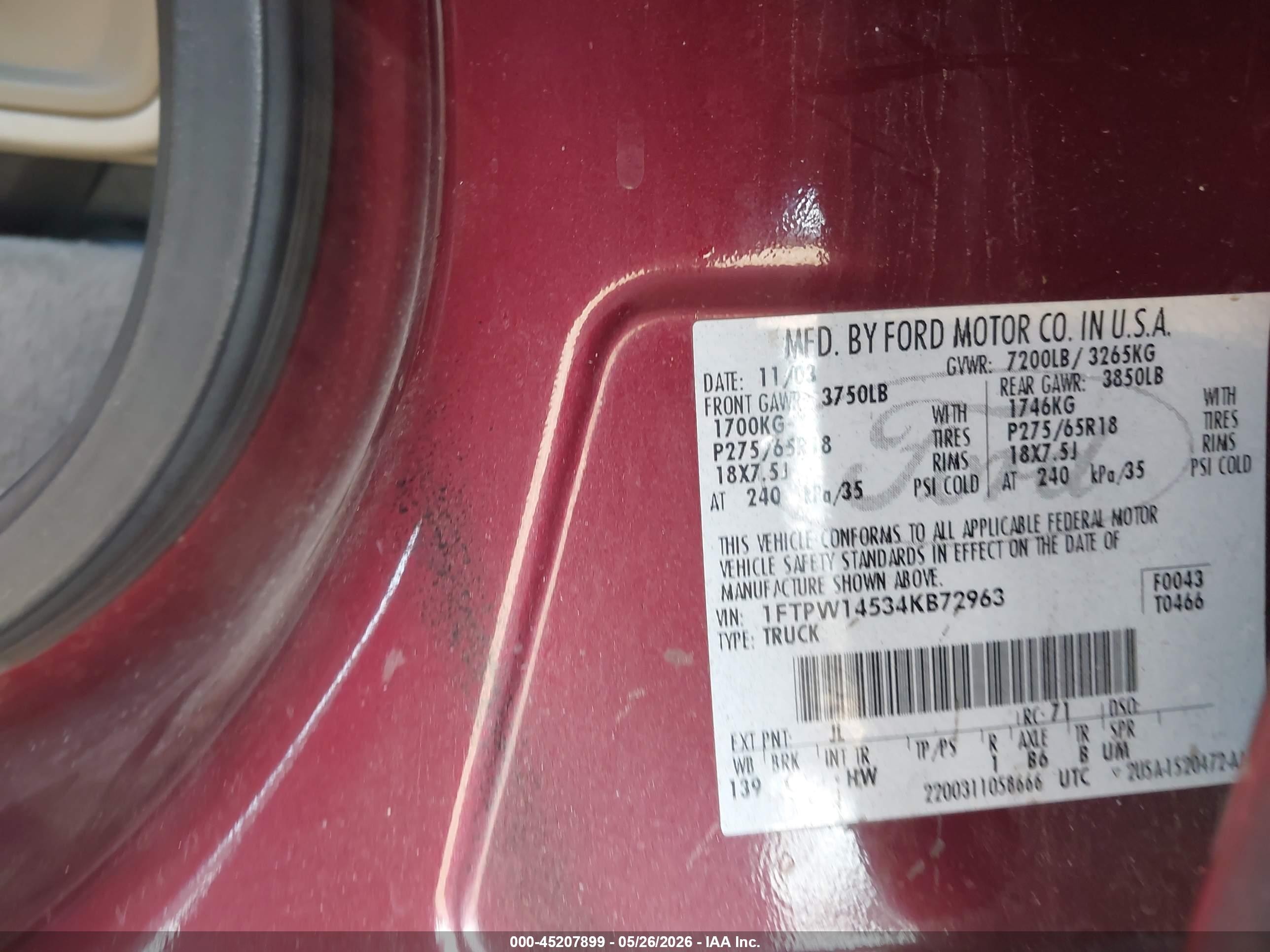 2004 Ford F-150   Burgundy vin: 1FTPW14534KB72963