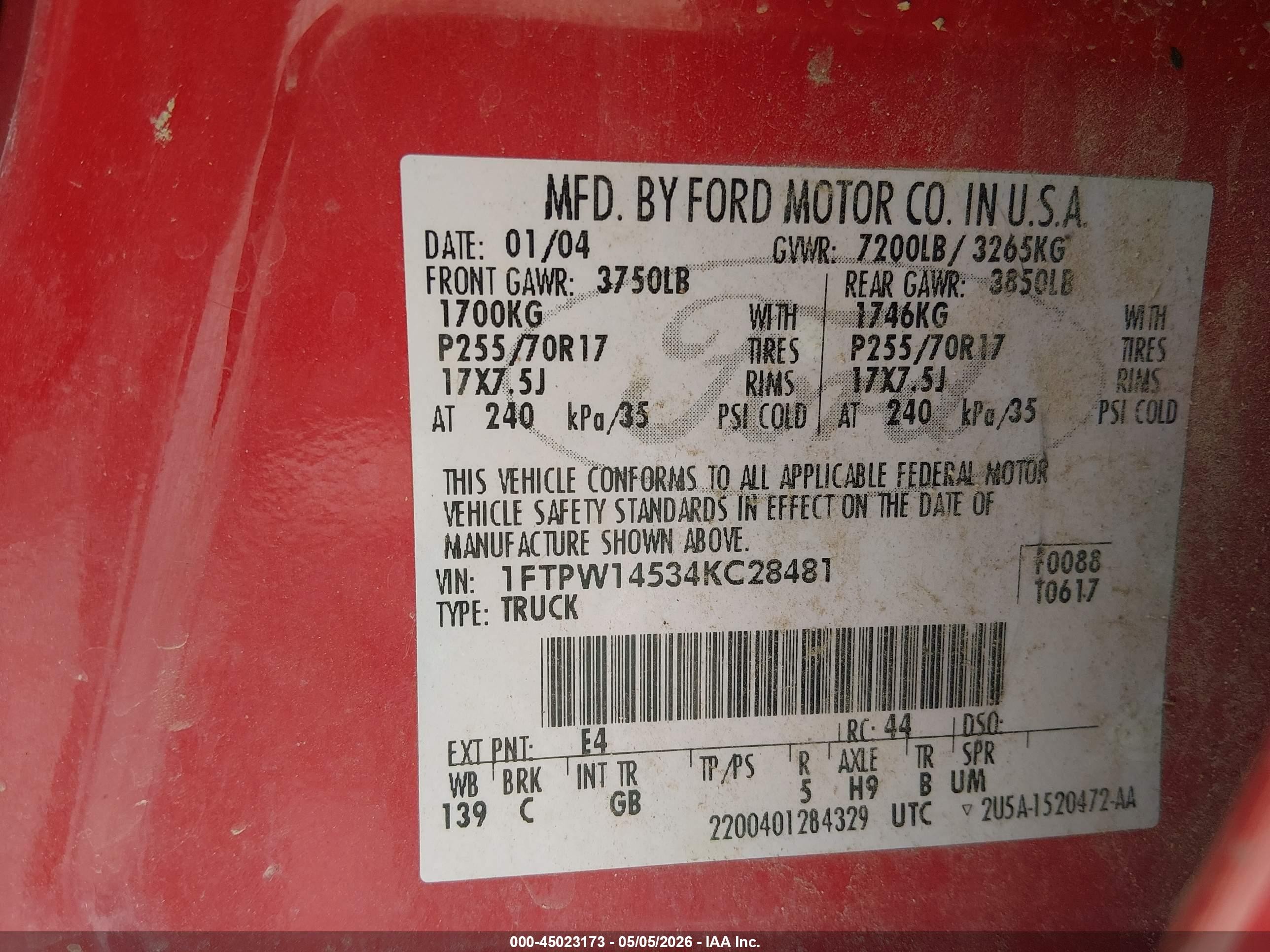 2004 Ford F-150 Fx4/lariat/xlt Red vin: 1FTPW14534KC28481