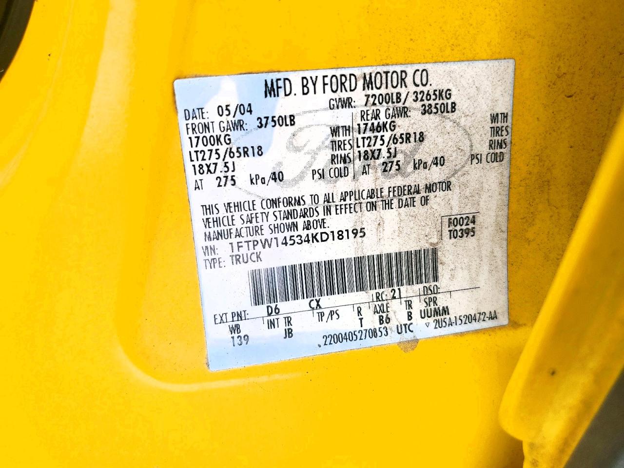 2004 Ford F150 Supercrew Yellow vin: 1FTPW14534KD18195