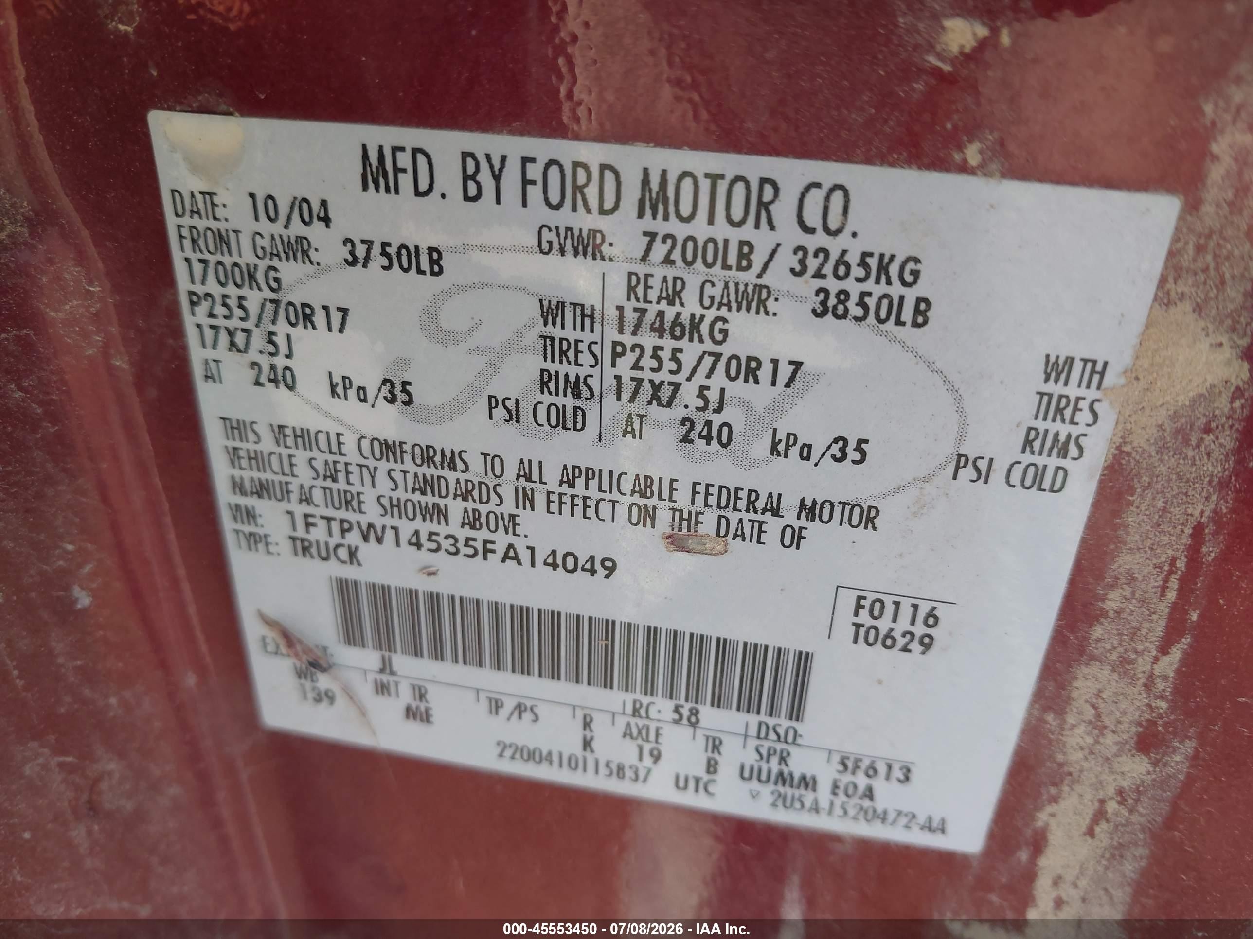2005 Ford F-150 Fx4/lariat/xlt Red vin: 1FTPW14535FA14049