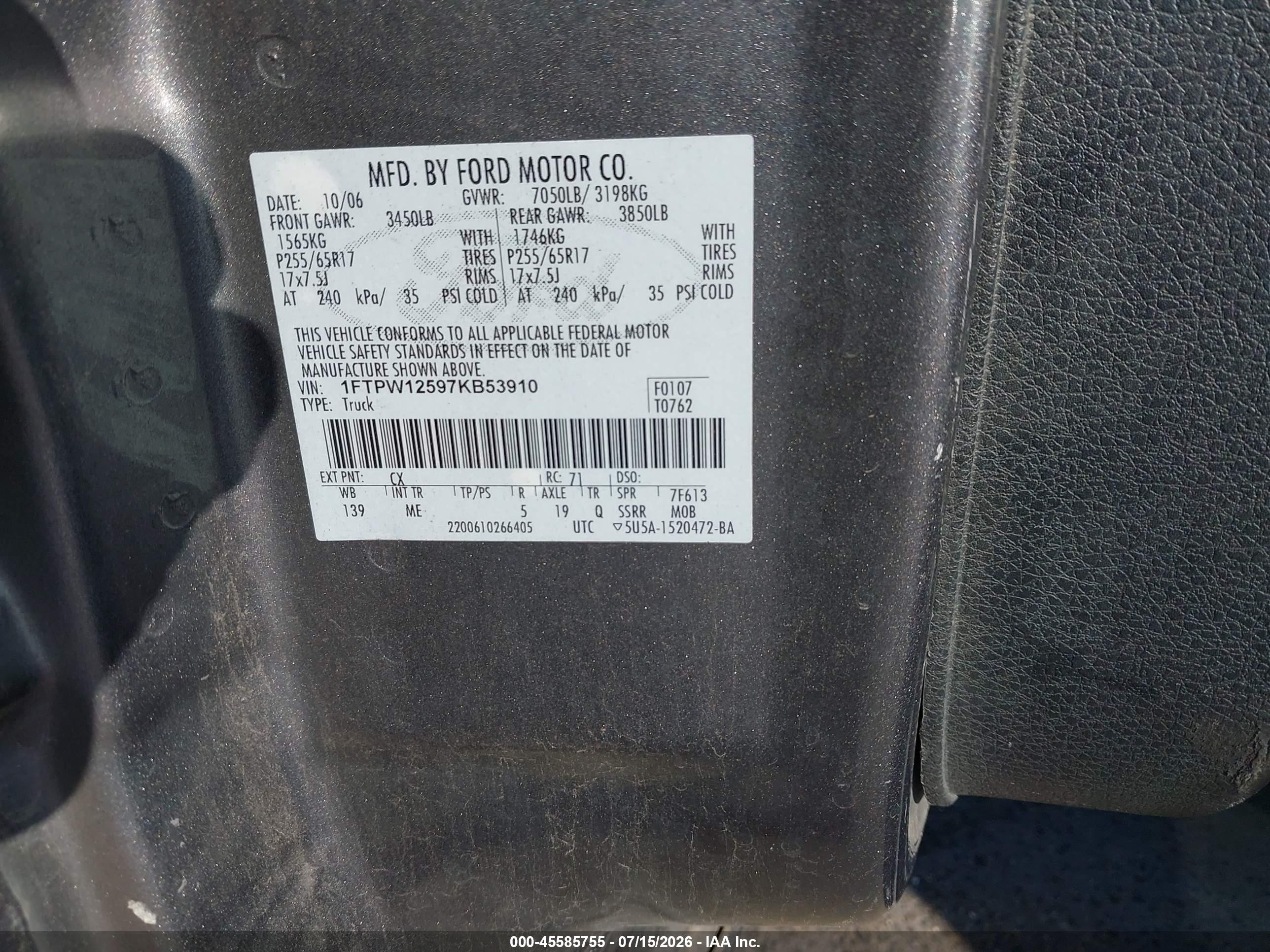 2005 Ford F-150 Fx4/lariat/xlt Black vin: 1FTPW14535FA22247