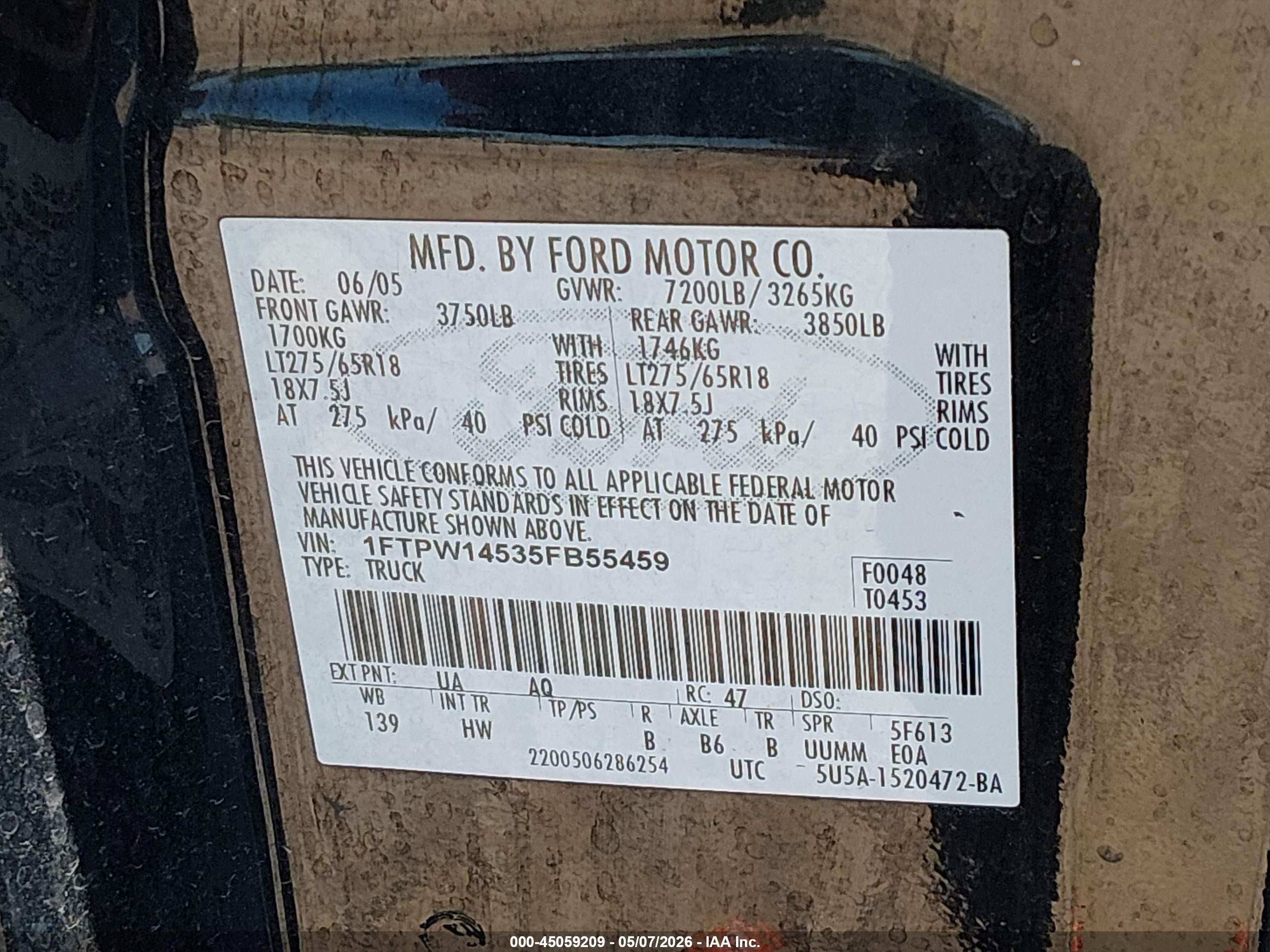 2005 Ford F-150 Fx4/lariat/xlt Black vin: 1FTPW14535FB55459