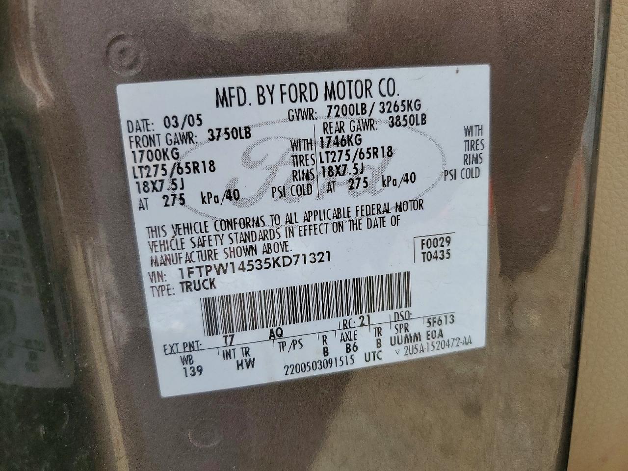 2005 Ford F150 Supercrew Brown vin: 1FTPW14535KD71321
